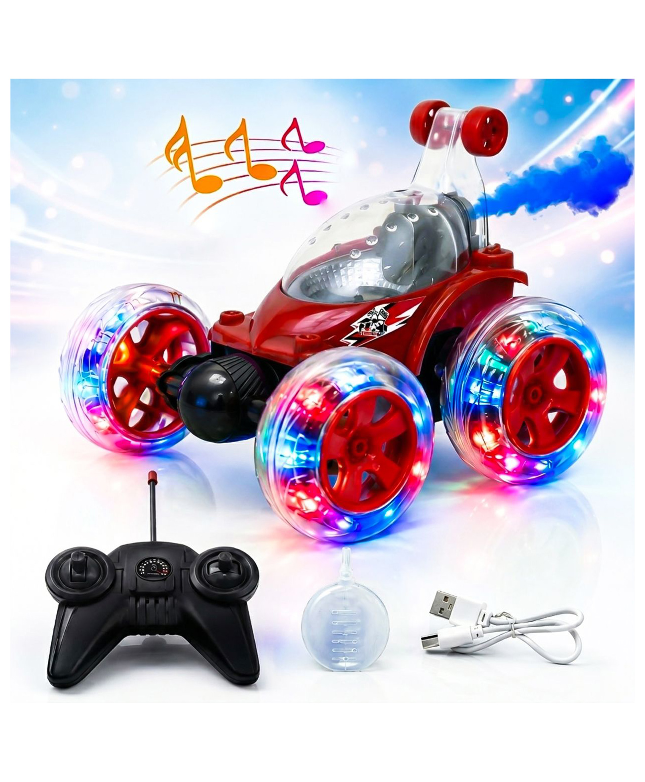 NHR Rechargeable 360° Stunt RC Car for Kids with Smoke Spray, LED Lights, Remote Control Drift Car Toy (Red)-image-37