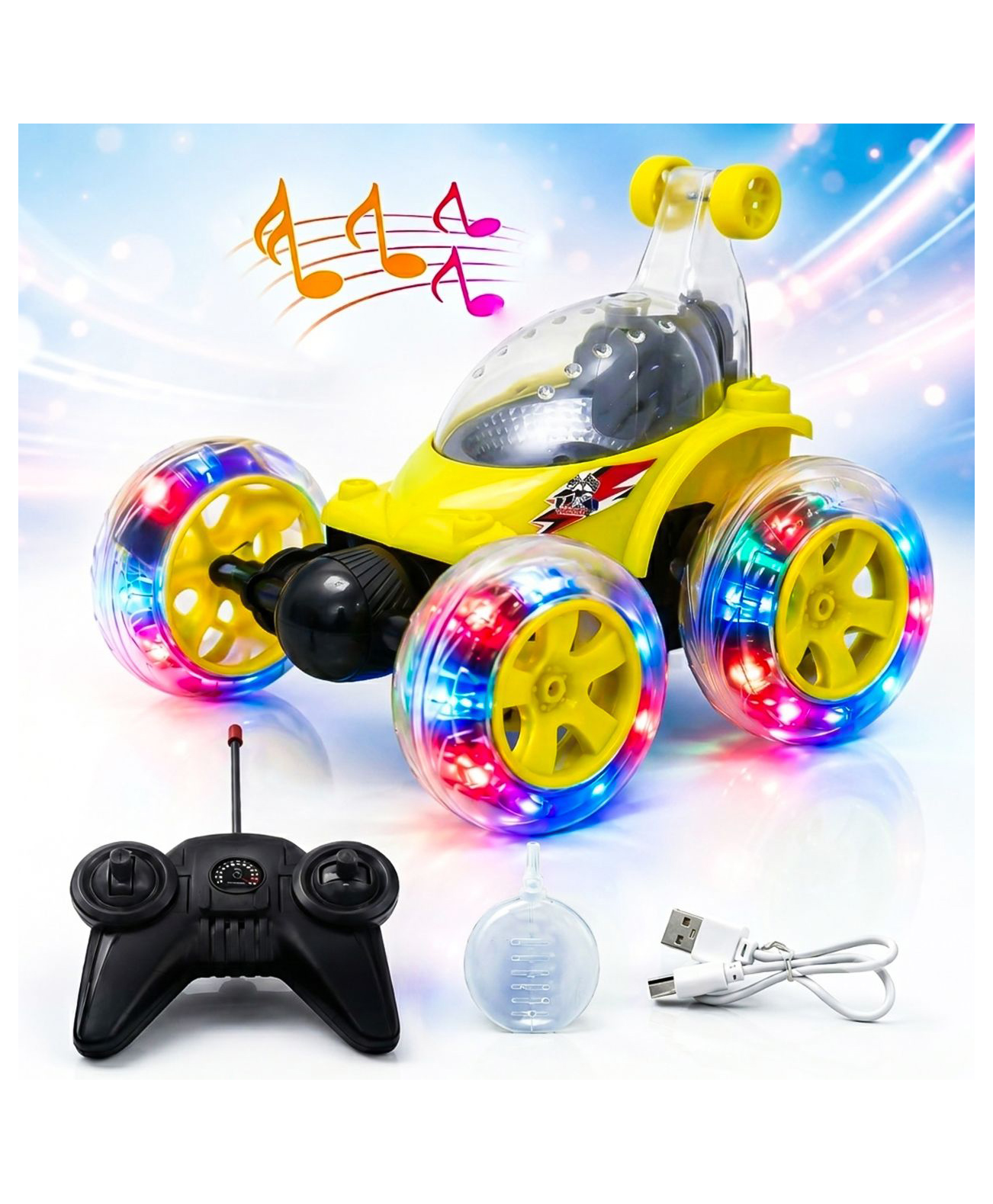 NHR Rechargeable 360° Stunt RC Car for Kids with Smoke Spray, LED Lights, Remote Control Drift Car Toy (Yellow)-picture-20