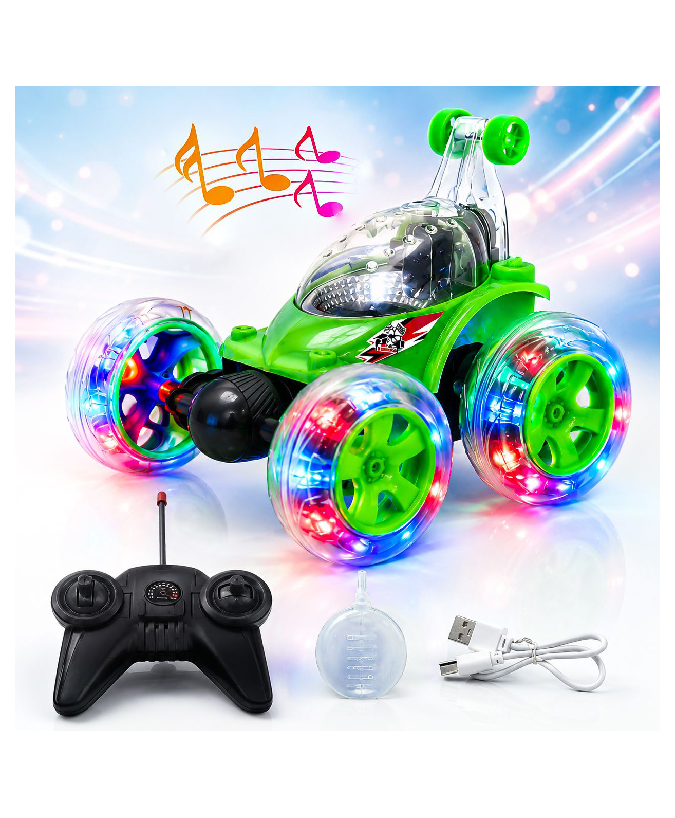 NHR Rechargeable 360° Stunt RC Car for Kids with Smoke Spray, LED Lights, Remote Control Drift Car Toy (Green)-picture-26