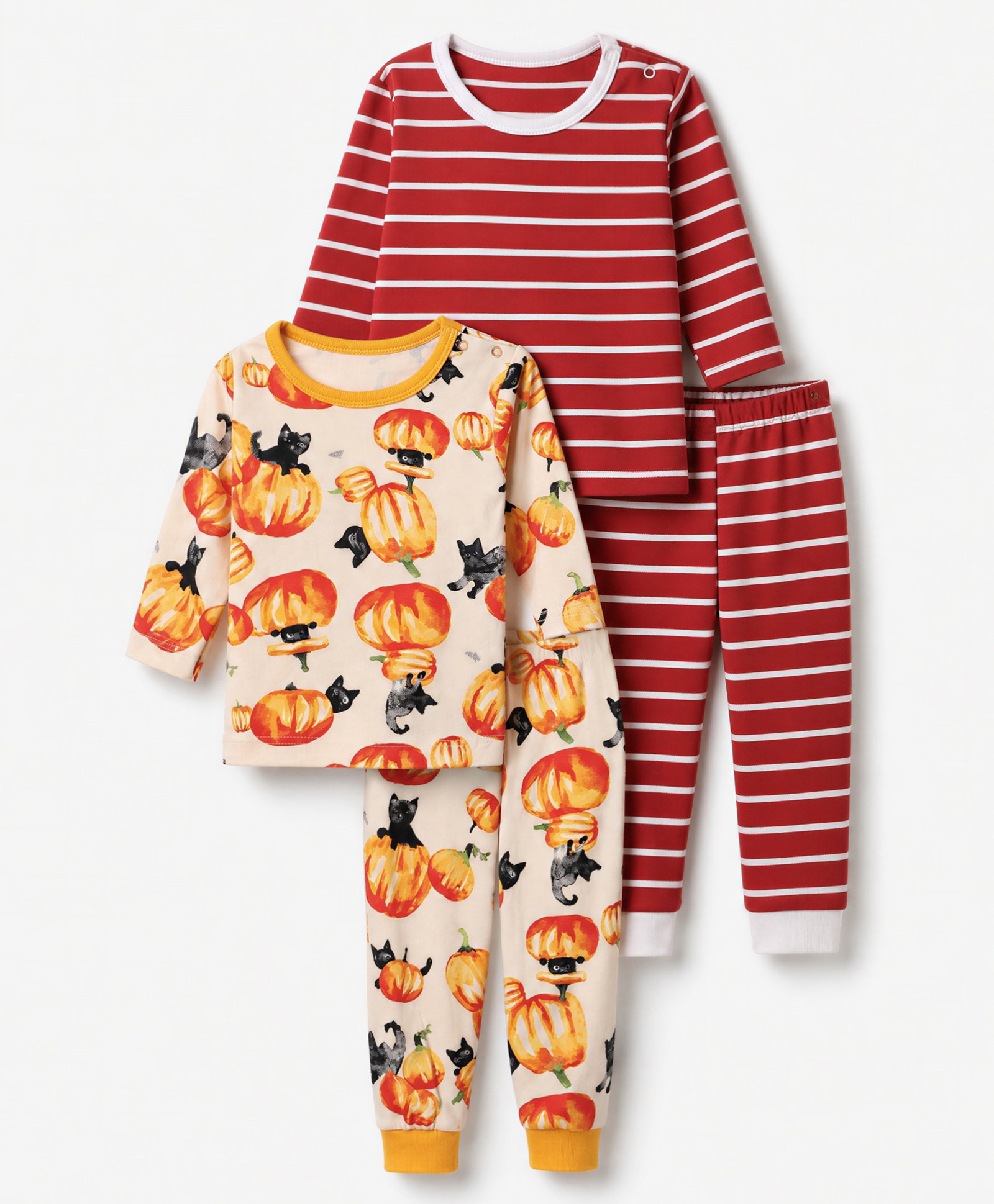 Junior Star Pack Of 2 Full Sleeves Striped & Kitten On Pumpkin Printed Coordinating Tee & Pants Set - Yellow & Maroon-picture-27