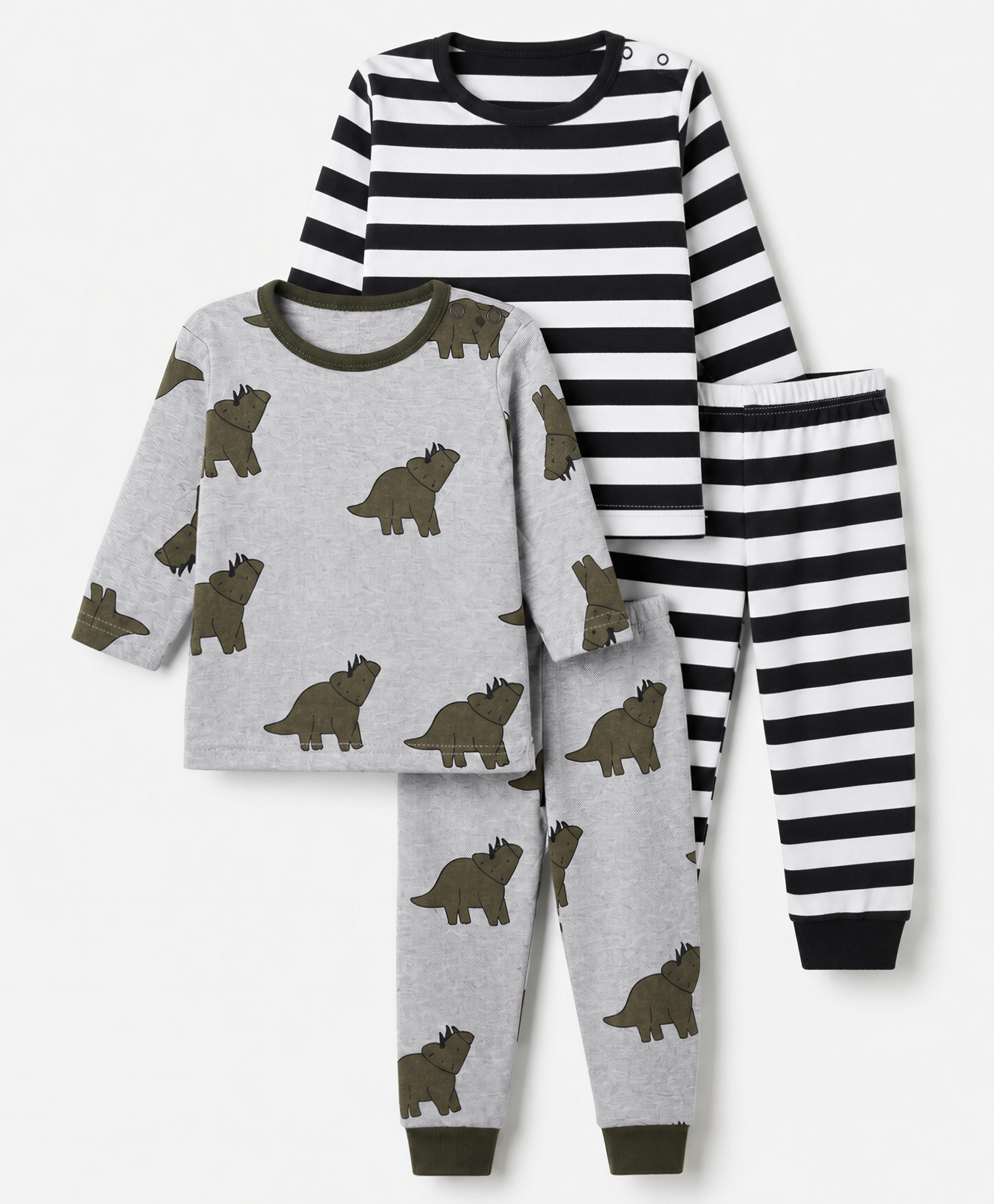 Junior Star Pack Of 2 Full Sleeves Striped & Triceratops Printed Coordinating Tee & Pants Set - Grey & Navy Blue-image-26