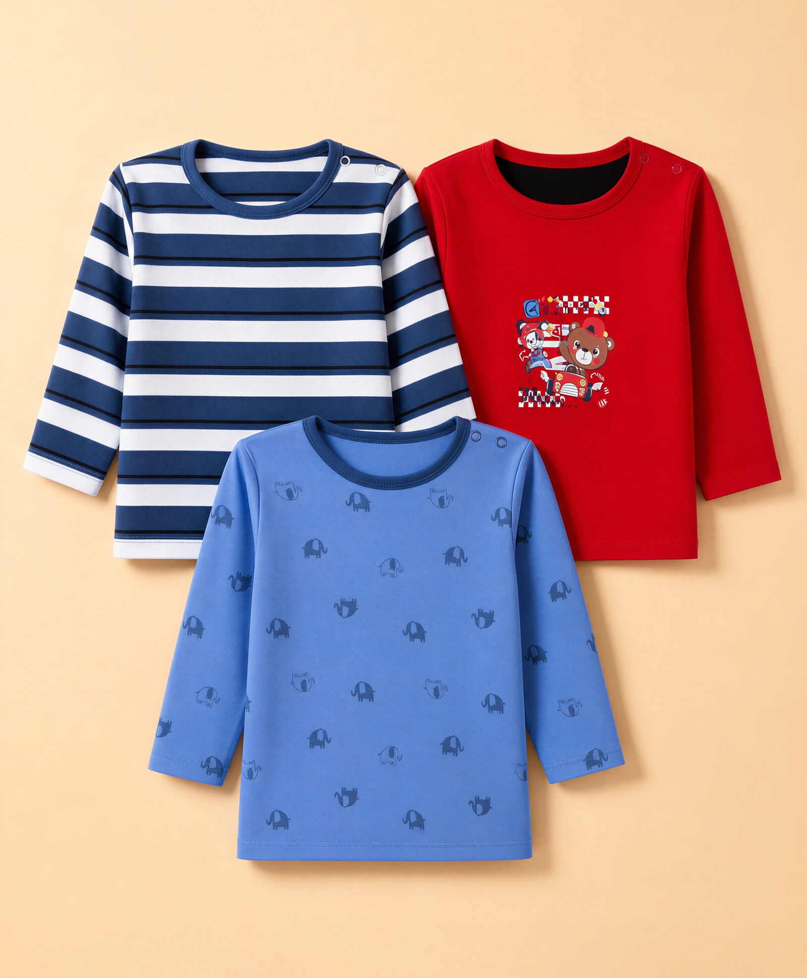 Junior Star Pack Of 3 Full Sleeves Striped & Elephant Motif Printed Tees - Red Royal Blue & Blue-image-42