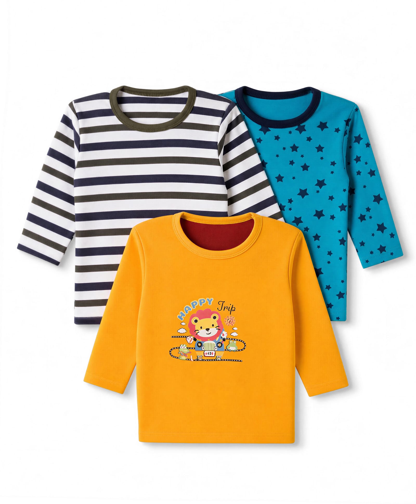 Junior Star Pack Of 3 Full Sleeves Striped & Stars Printed Tees - Yellow Green & Blue-image-26