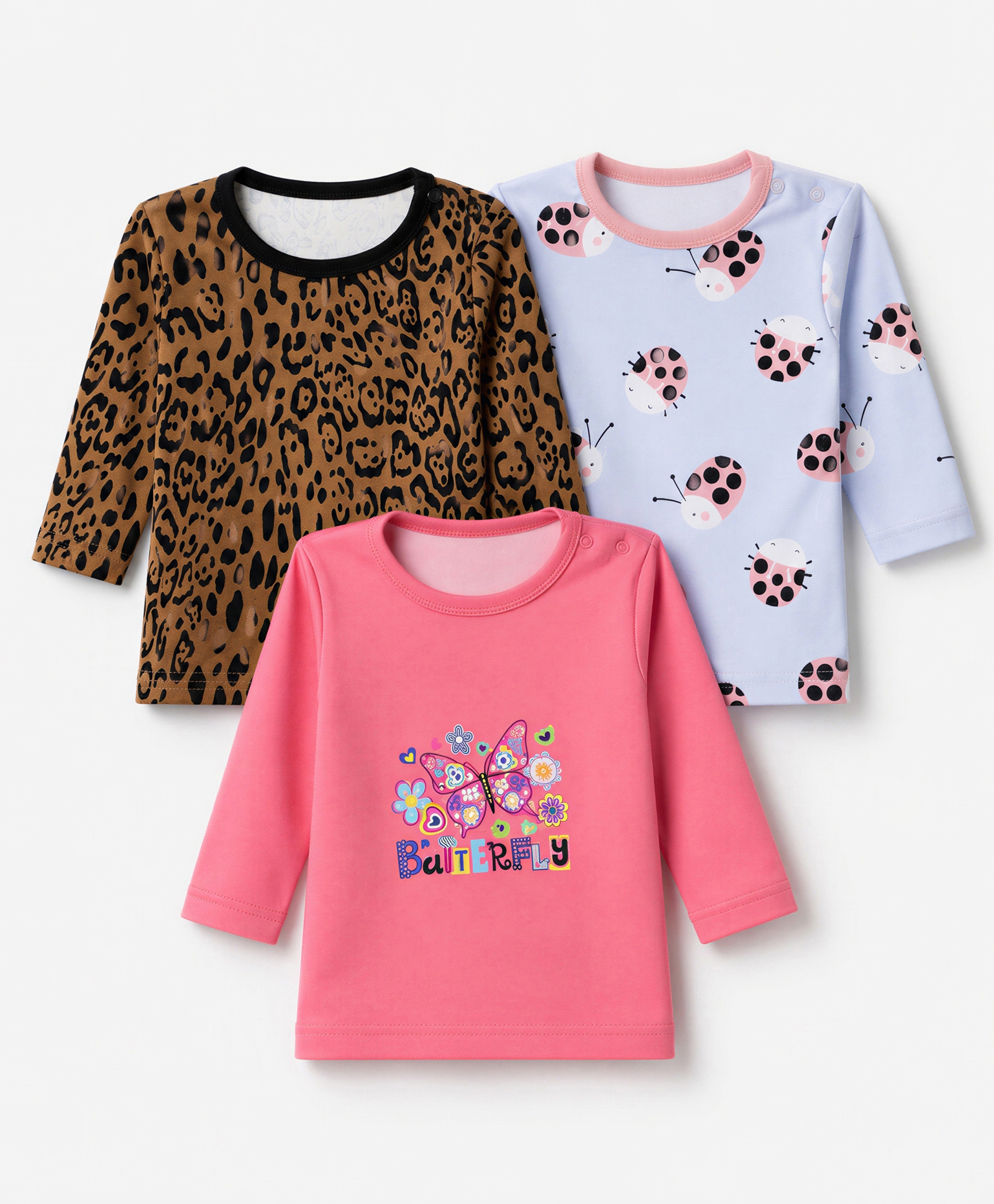 Junior Star Pack Of 3 Full Sleeves Leopard Pattern & Ladybug Printed Tees - Pink Blue & Black-image-44
