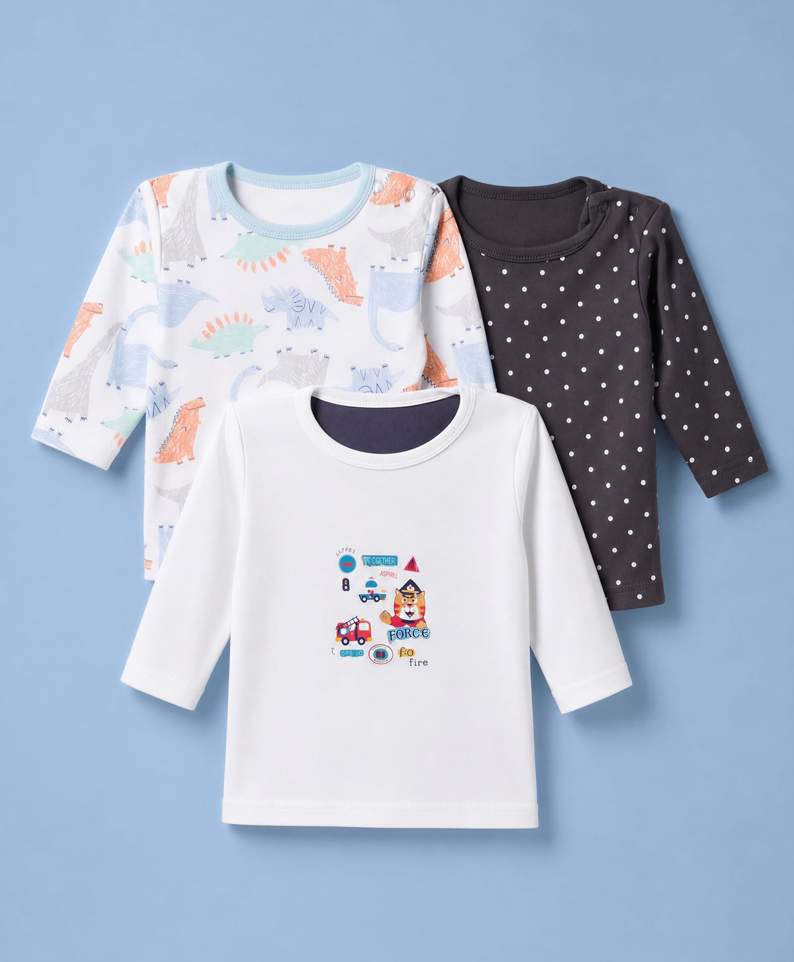 Junior Star Pack Of 3 Full Sleeves Dinosaurs & Polka Dots Printed Tees - White Grey & White-image-8