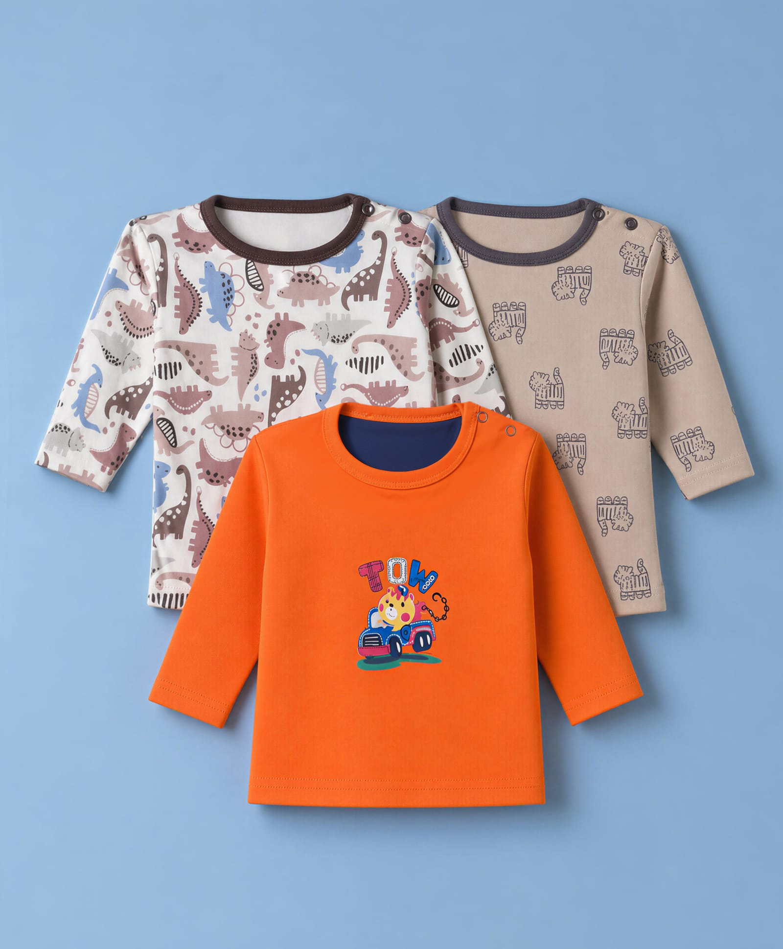 Junior Star Pack Of 3 Full Sleeves Dinosaurs & Tiger Printed Tees - Orange Biscuit & White-picture-15