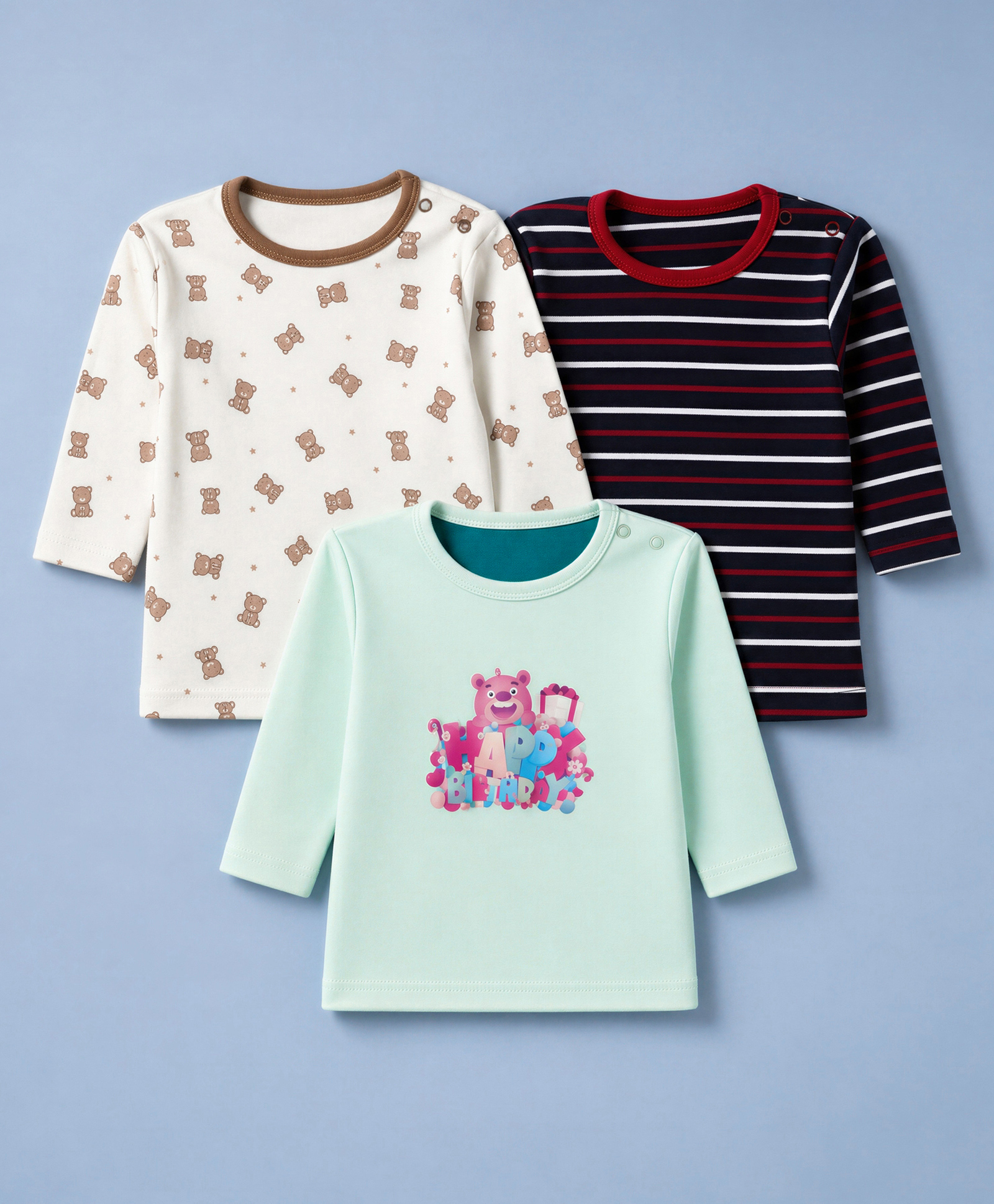 Junior Star Pack Of 3 Full Sleeves Striped & Teddy Bear Printed Tees - Mint Black & White-picture-20