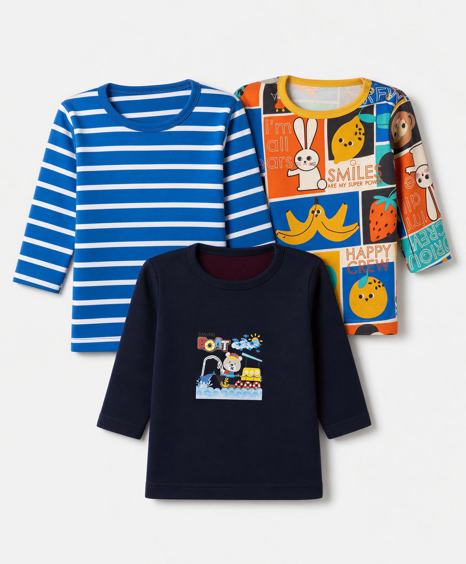 Junior Star Pack Of 3 Full Sleeves Striped & Teddy Bear Printed Tees - Navy Blue Royal Blue & Blue-image-49