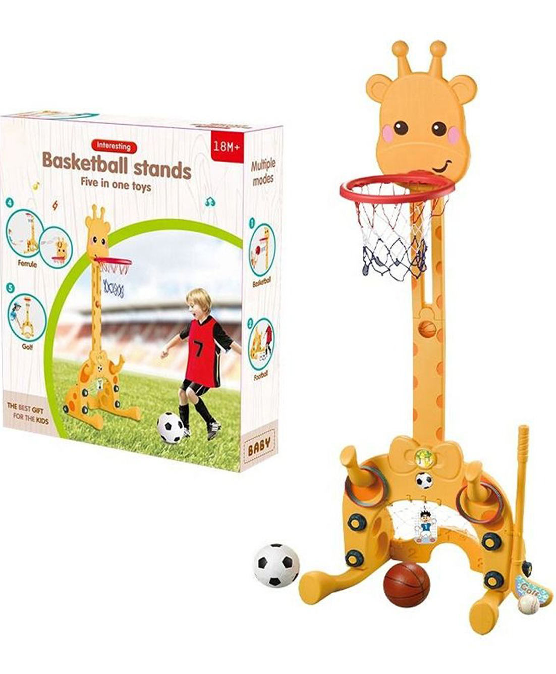 Happy Hues 5-in-1 Giraffe Activity Sports Center with Basketball, Football Soccer Goal, Golf, Ring Toss for Toddlers-image-2