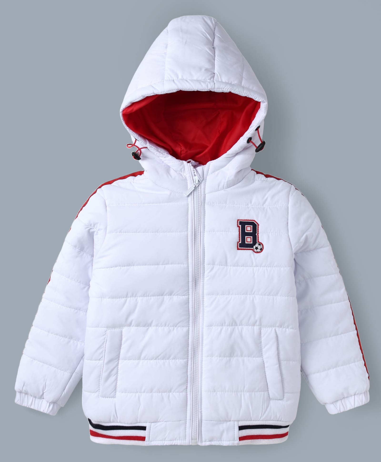 Babyhug Woven Full Sleeves Hooded Padded Quilted Winter Jacket with Varsity Print - White-image-48