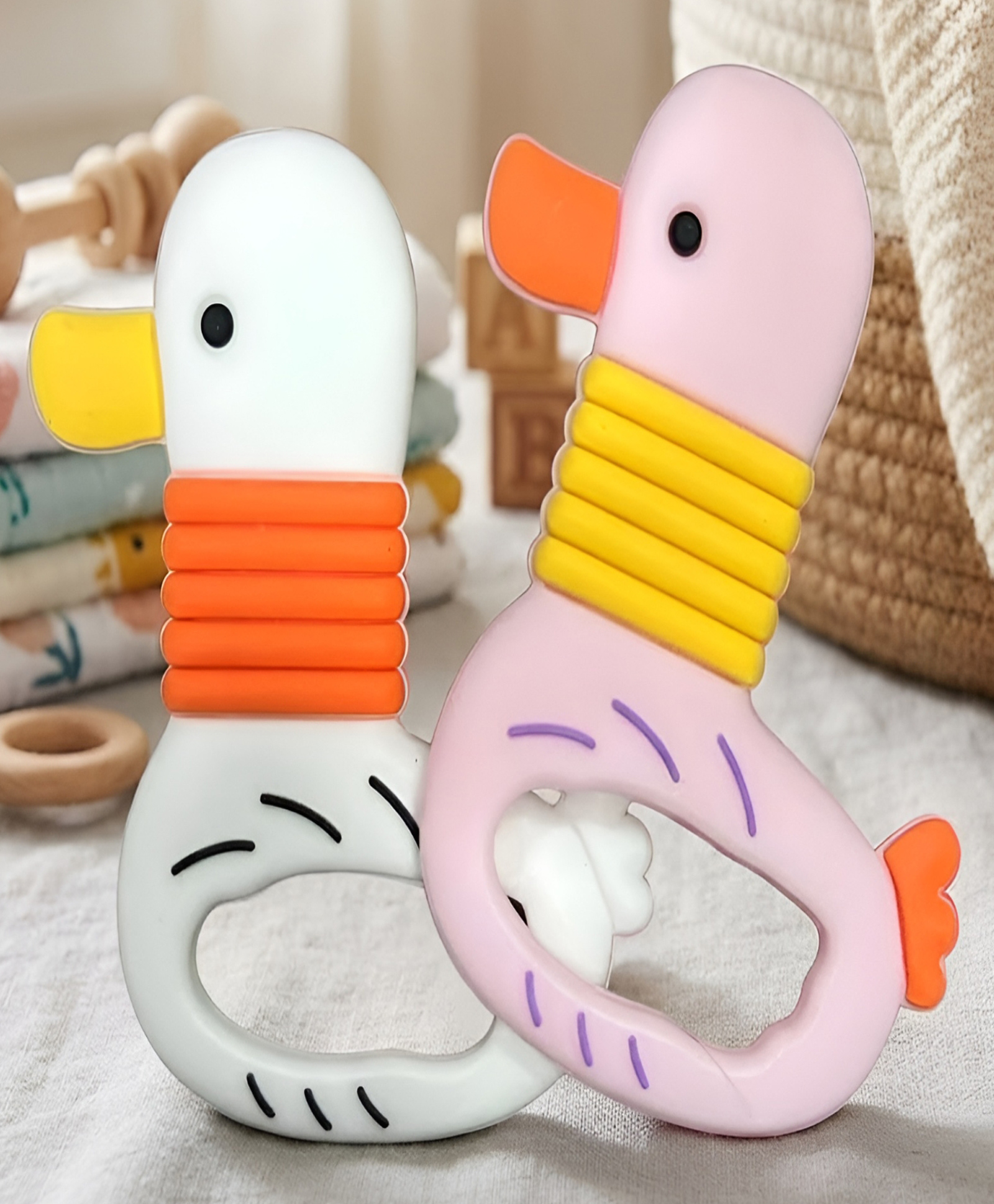 COZY VIBES Duck Shape Silicone BPA Free Natural Organic Nipple Teethers | Teething Toys for Infants & Babies - Pack of 1 - Color May Vary-image-34