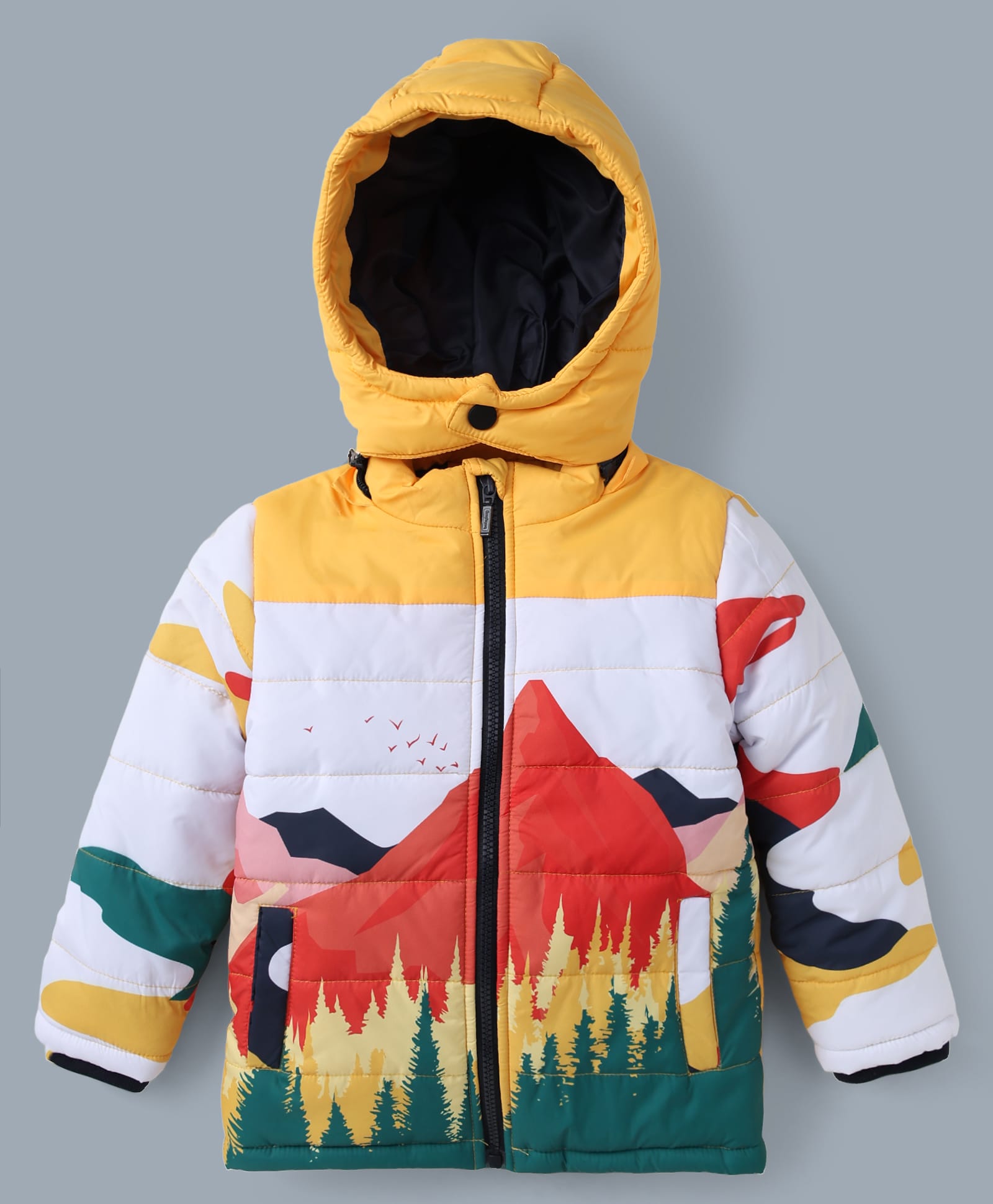 Babyhug Woven Full Sleeves Padded Quilted Winter Jacket with Detachable Hood & Mountain Landscape Print - Yellow-image-15