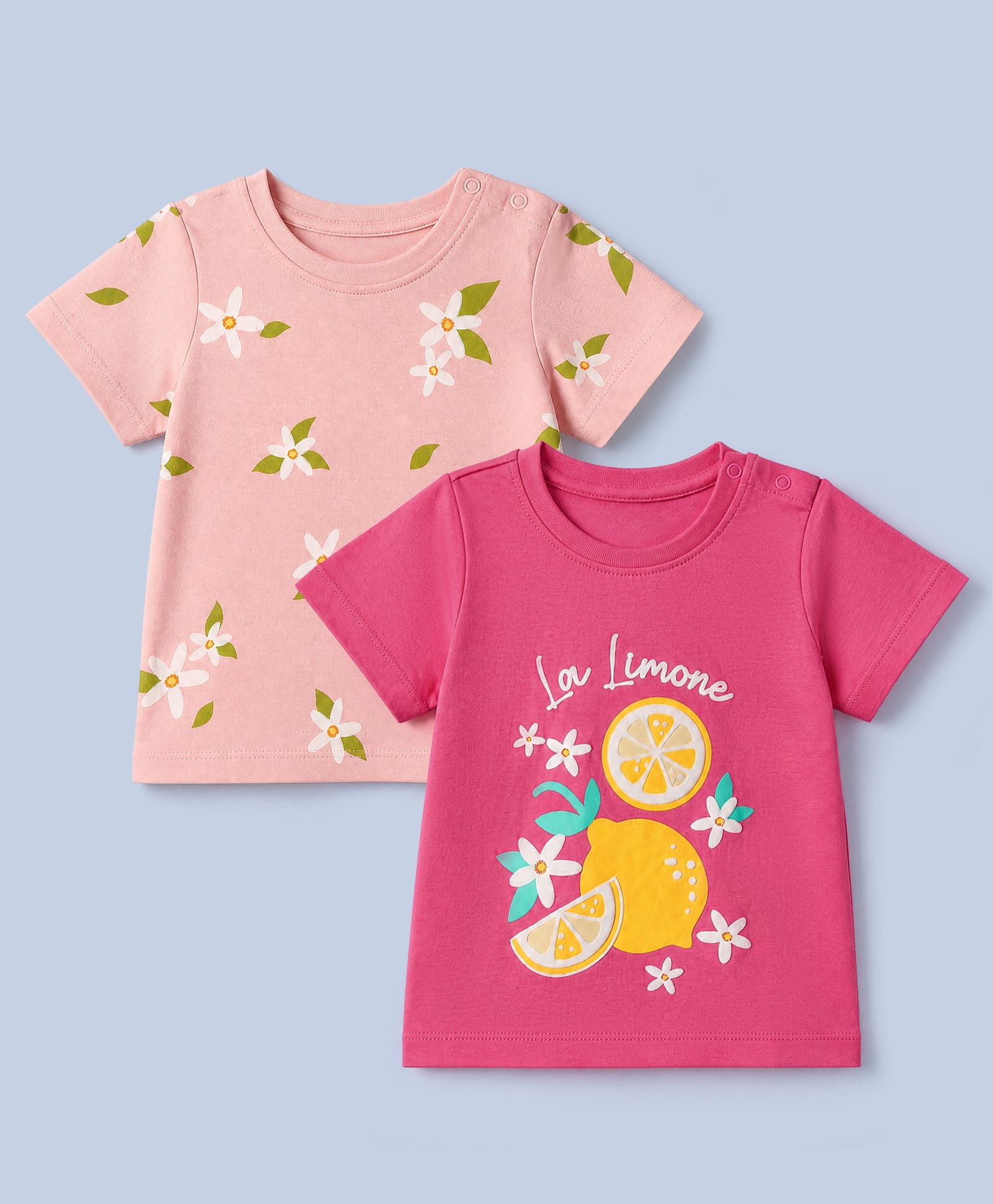 Honeyhap Cotton Knit Half Sleeves T-Shirts with Lemon & Floral Print in Pink Pack of 2-picture-33