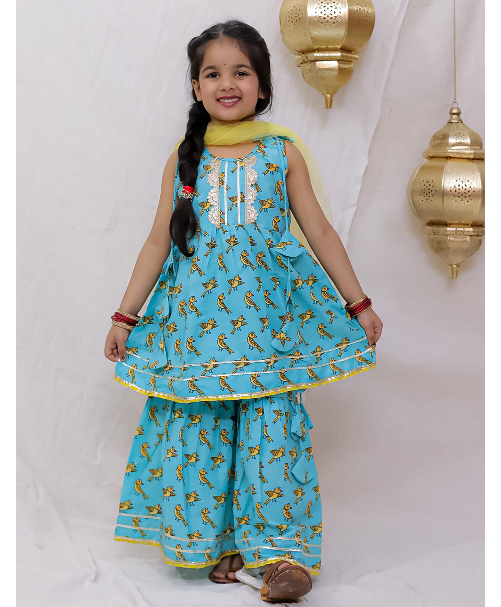 BownBee Pure Cotton Woven Sleeveless Birds Printed Lace Embellished Kurti & Sharara With Dupatta Set - Blue-picture-14