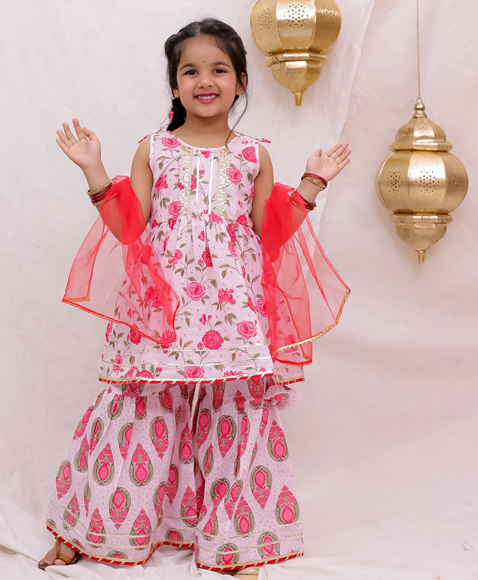 BownBee Pure Cotton Woven Sleeveless Floral Printed Gota Lace Embellished Kurti & Sharara Set With Dupatta - Pink-picture-32