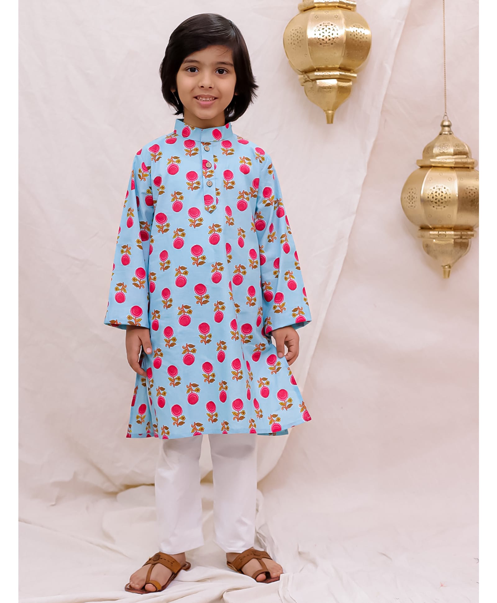BownBee Cotton Woven Full Sleeves Floral Printed Kurta & Pyjama Set - Blue-picture-19