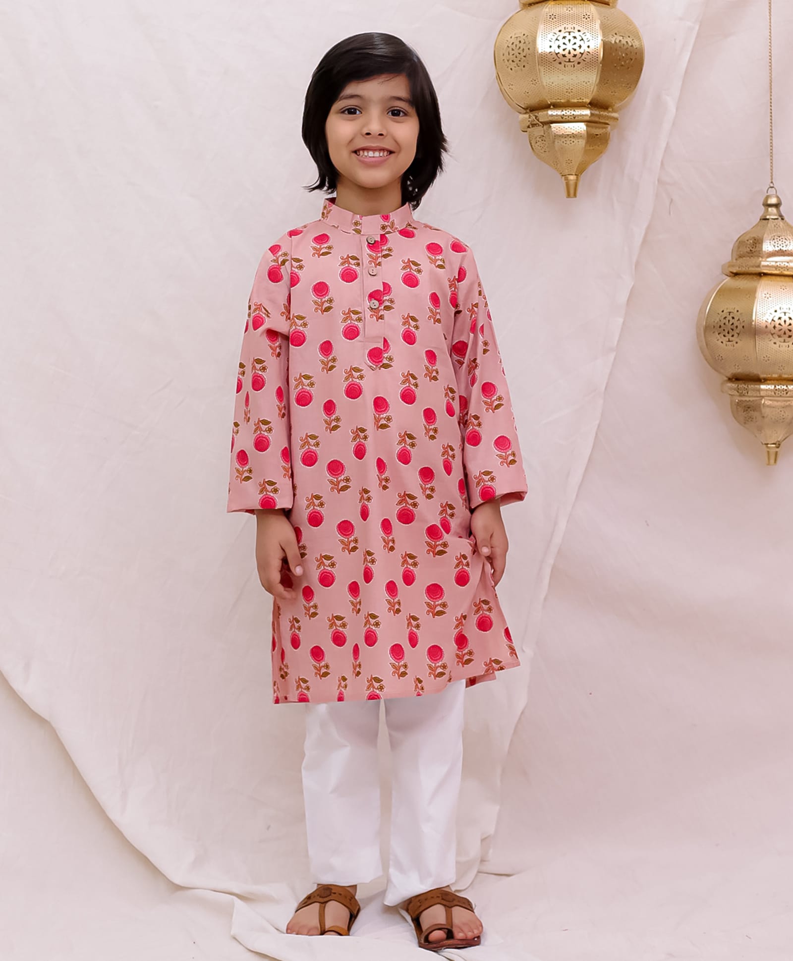 BownBee Cotton Woven Full Sleeves Floral Printed Kurta & Pyjama Set - Peach-picture-12