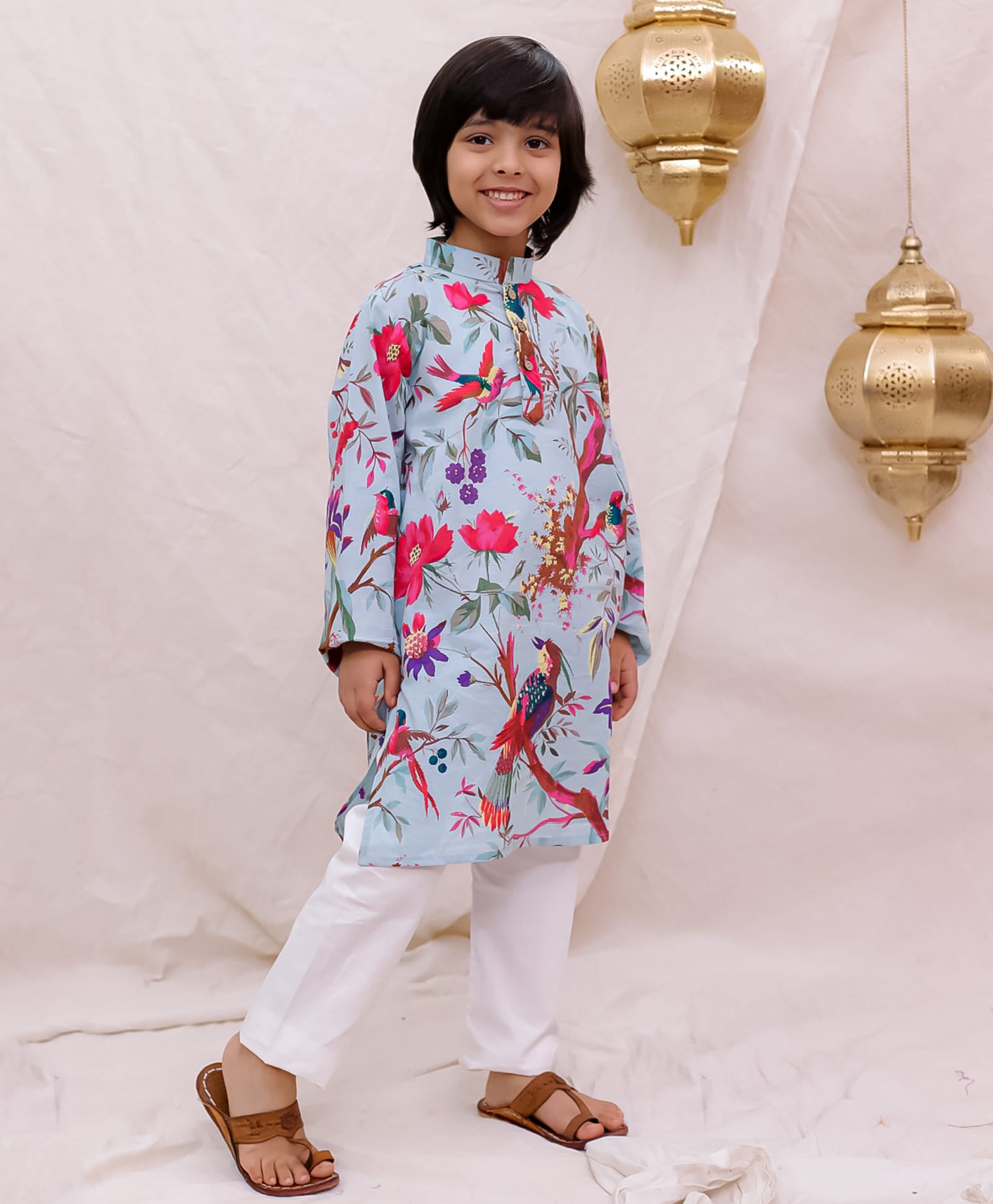 BownBee Cotton Woven Full Sleeves Floral Printed Kurta & Pyjama Set - Blue-picture-11