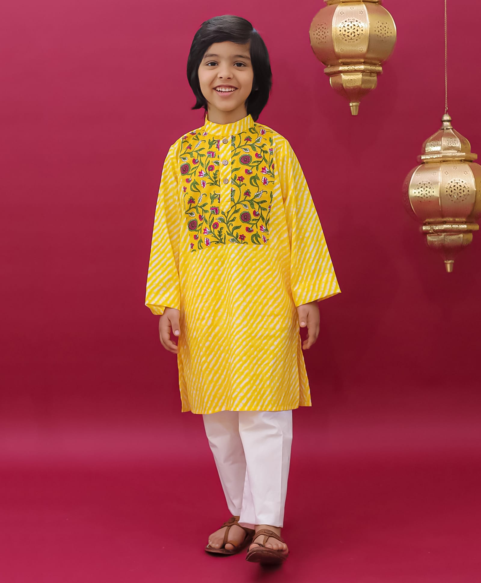 BownBee Cotton Woven Full Sleeves Leheriya & Floral Printed Kurta & Pyjama Set - Yellow-picture-29