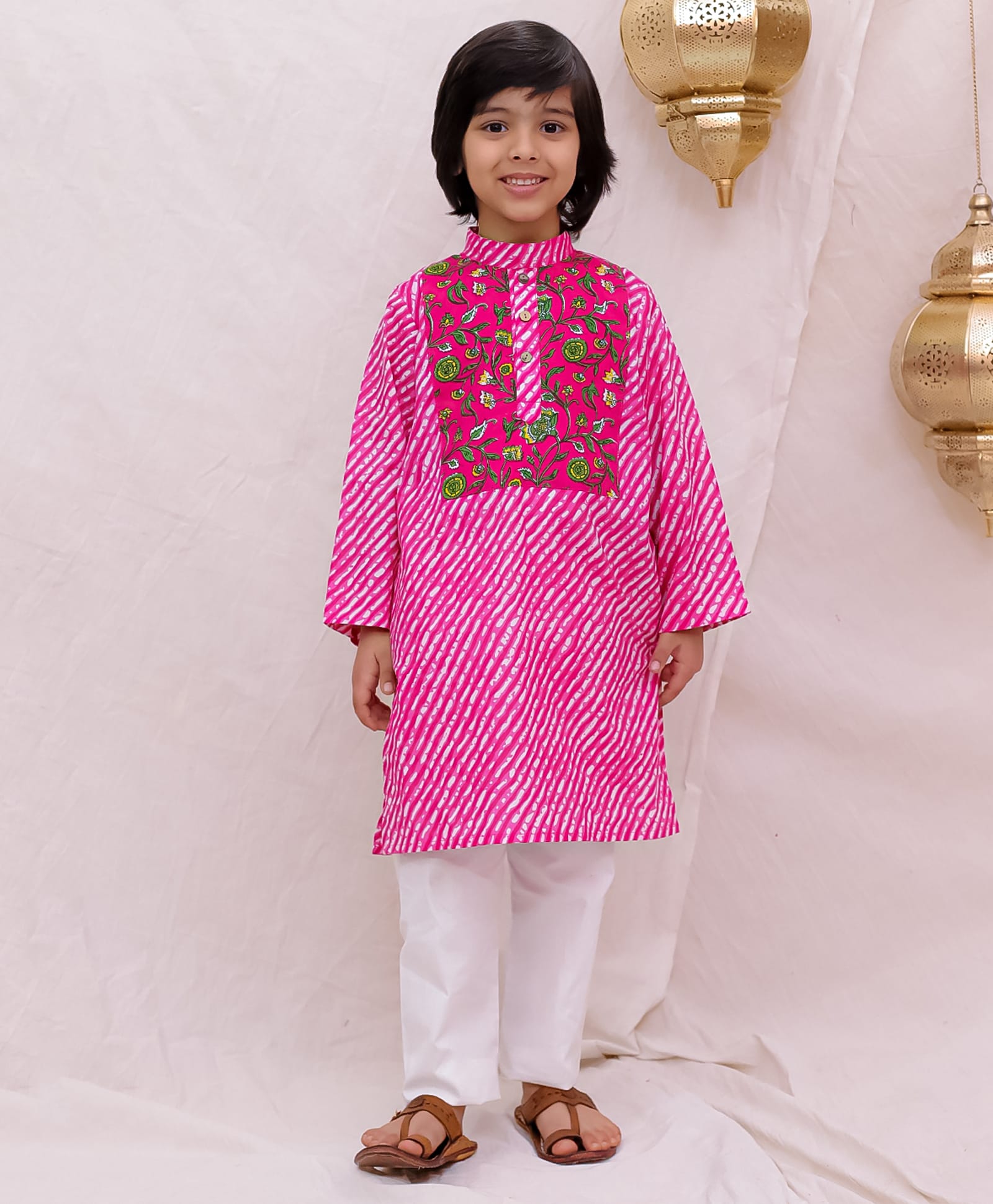 BownBee Cotton Woven Full Sleeves Leheriya & Floral Printed Kurta & Pyjama Set - Pink-picture-18