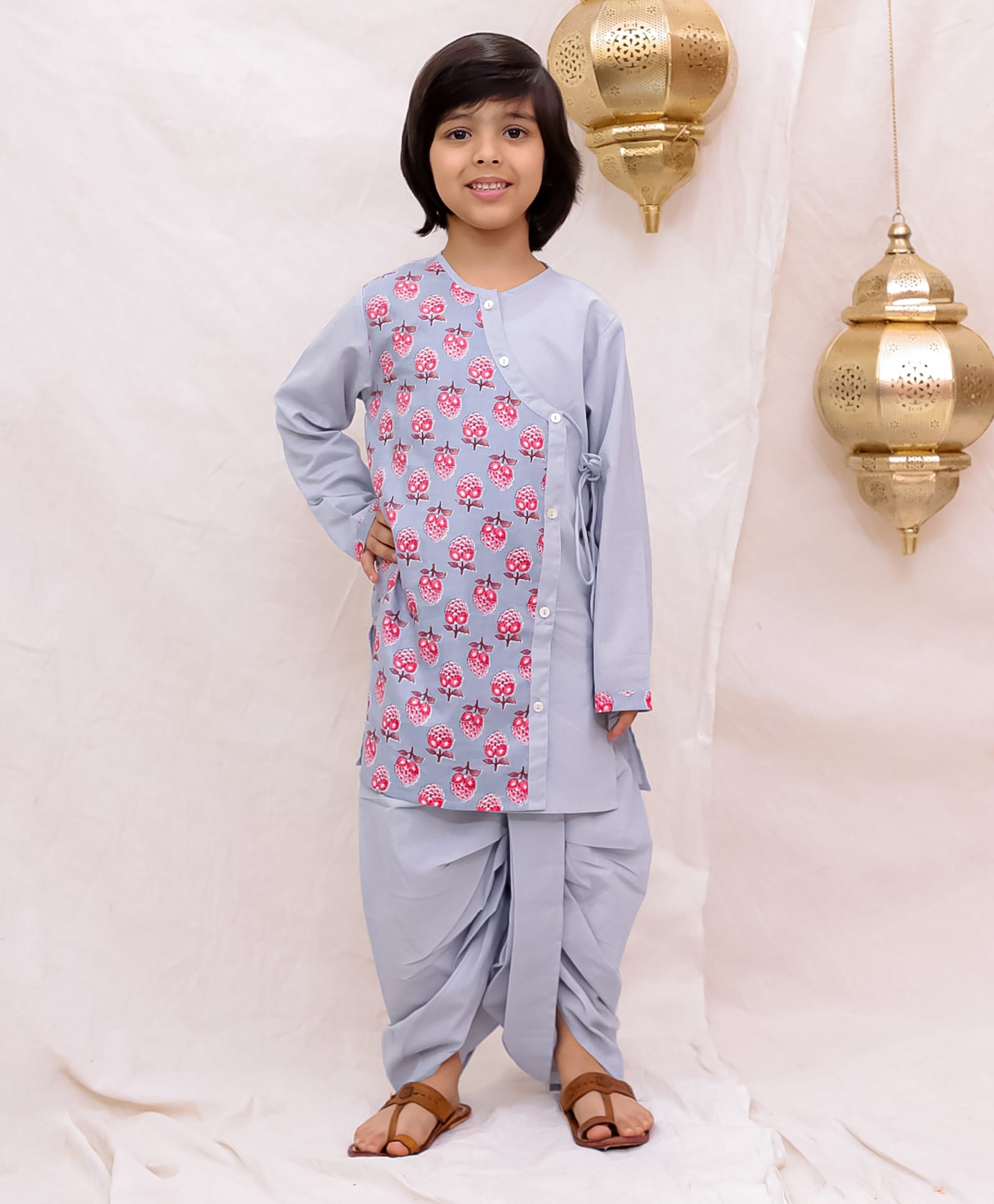 BownBee Cotton Woven Full Sleeves Floral Printed Tie Up Detailed Kurta & Dhoti Set - Grey-picture-14