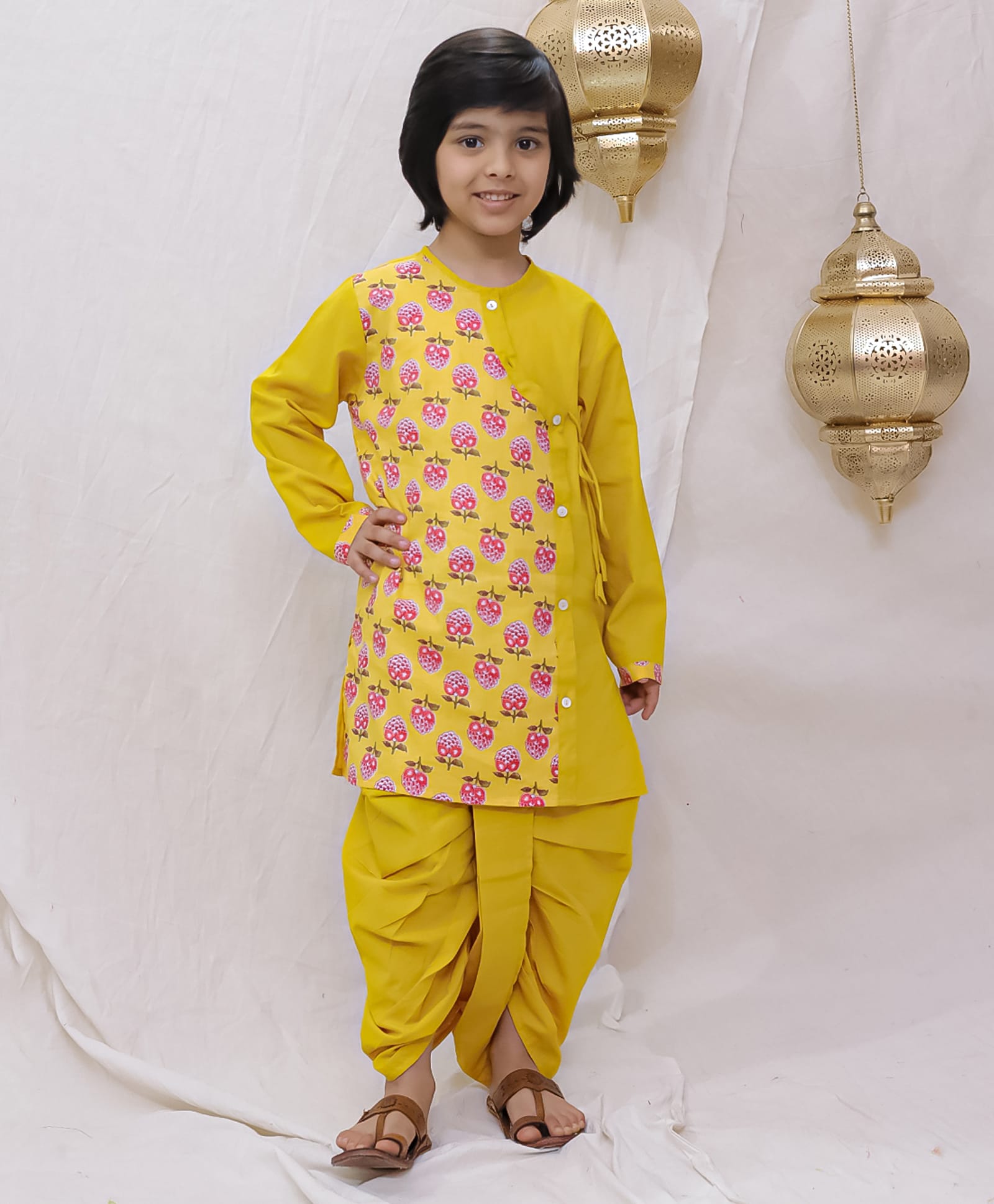 BownBee Cotton Woven Full Sleeves Floral Printed Tie Up Detailed Kurta & Dhoti Set - Yellow-picture-26