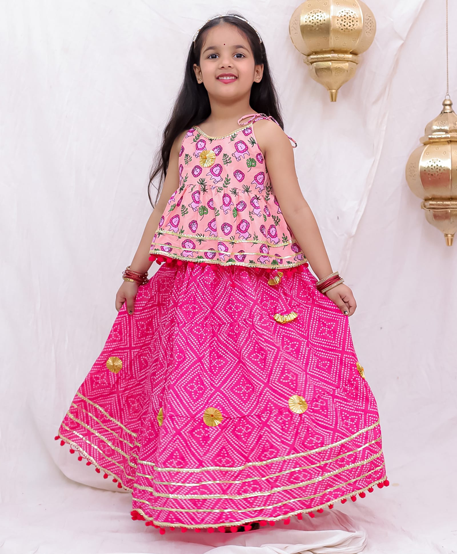 BownBee Pure Cotton Woven Sleeveless Lace Embellished Lion Printed Choli & Lehenga Set - Baby Pink-picture-10