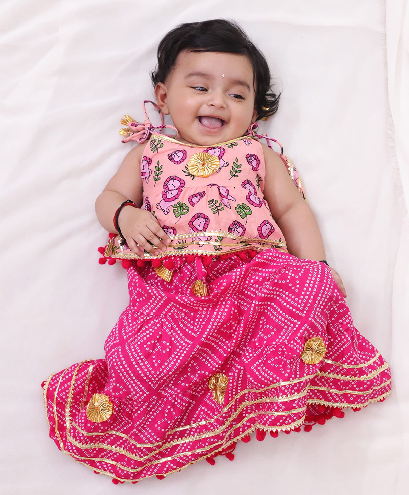 BownBee Pure Cotton Woven Sleeveless Lace Embellished Lion Printed Choli & Lehenga Set - Baby Pink-picture-11