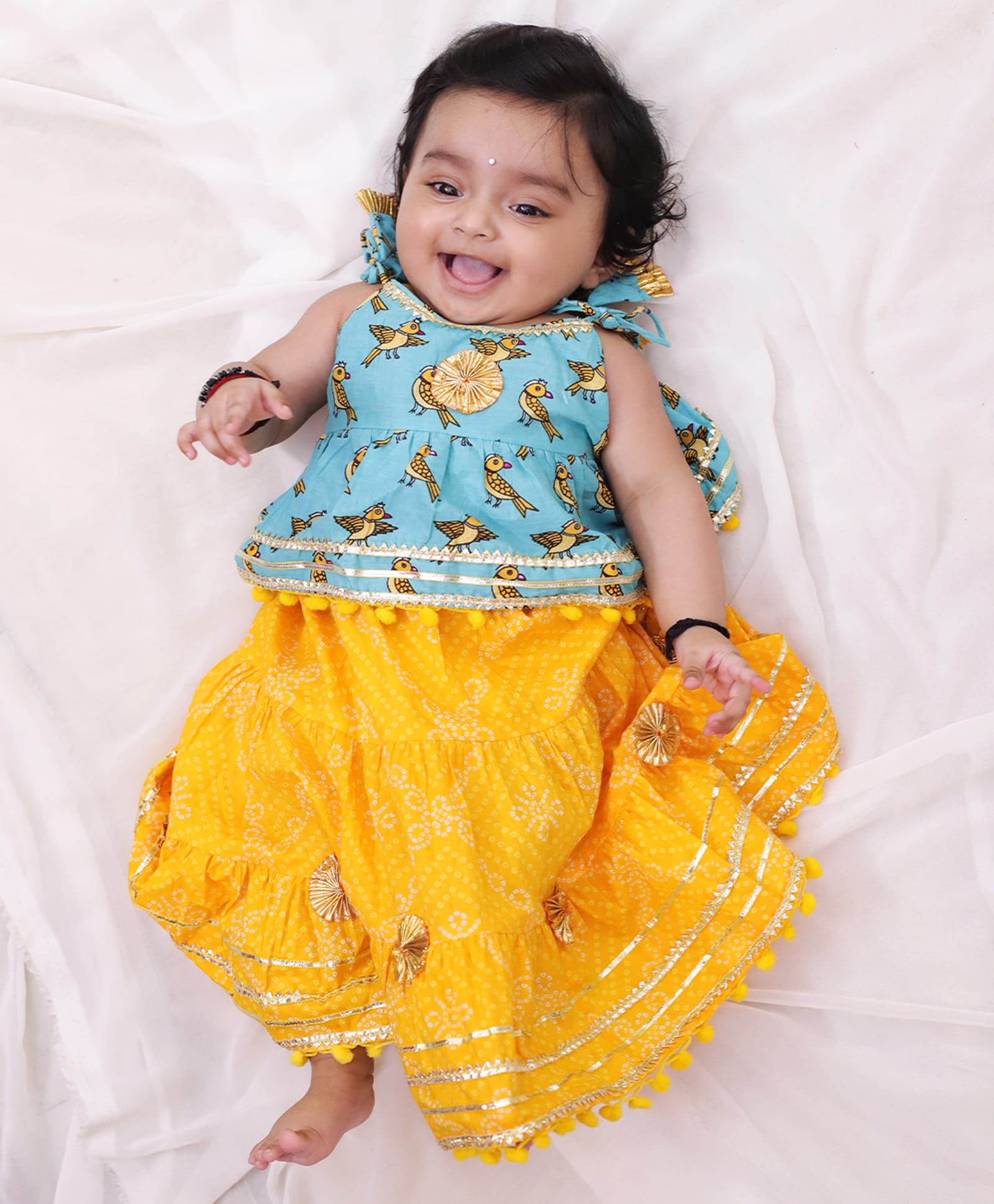 BownBee Pure Cotton Woven Sleeveless Lace Embellished Birds Printed Choli & Lehenga Set - Blue-picture-20