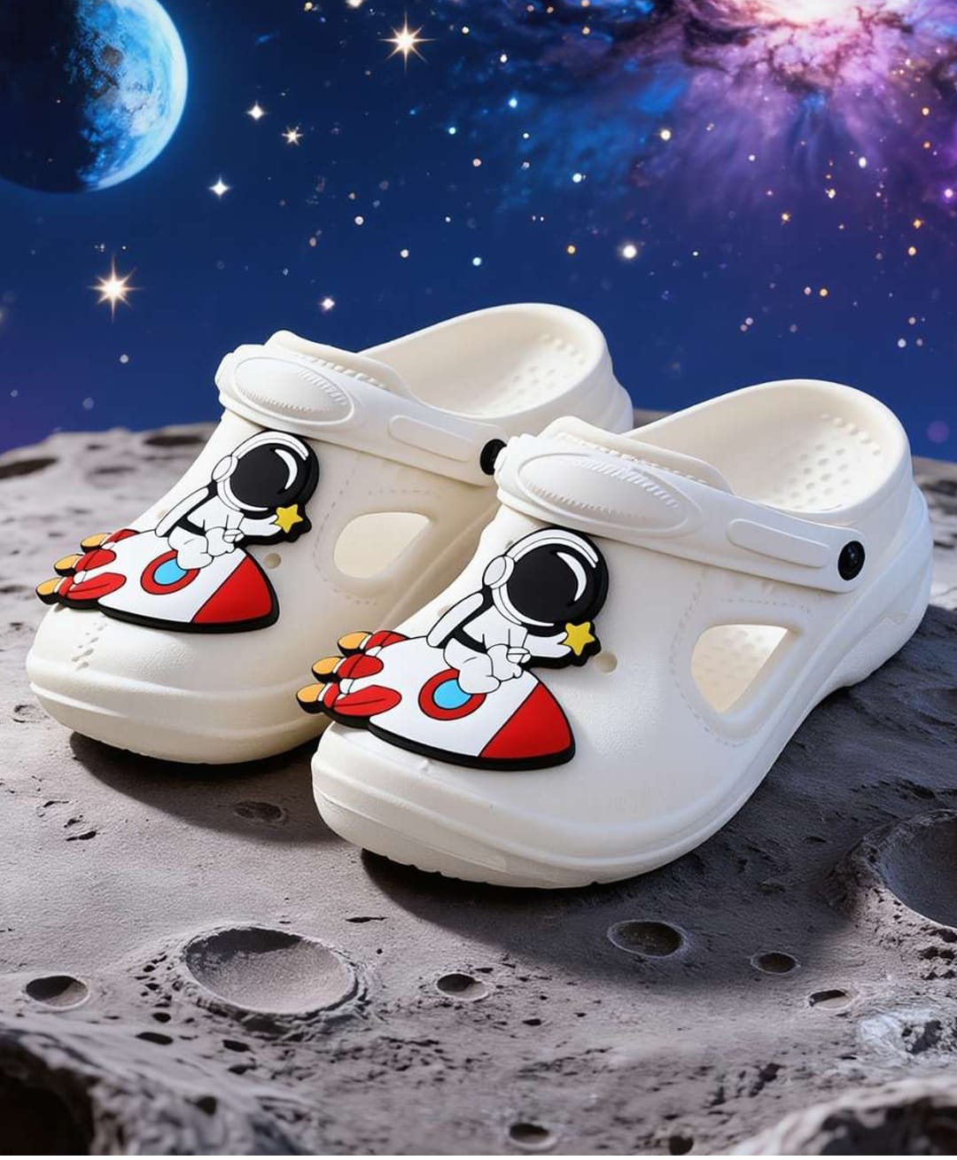 Yellow Bee Astronaut & Rocket Applique Detailed Perforated Slingback Clogs - White-picture-10