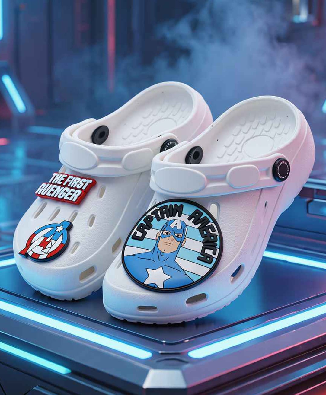 Yellow Bee Marvel Featuring Captain America Applique Detailed Perforated Slingback Clogs - White-picture-9