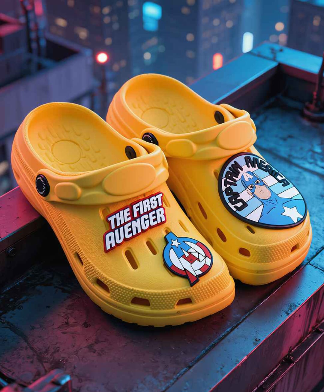 Yellow Bee Marvel Featuring Captain America Applique Detailed Perforated Slingback Clogs - Yellow-picture-26
