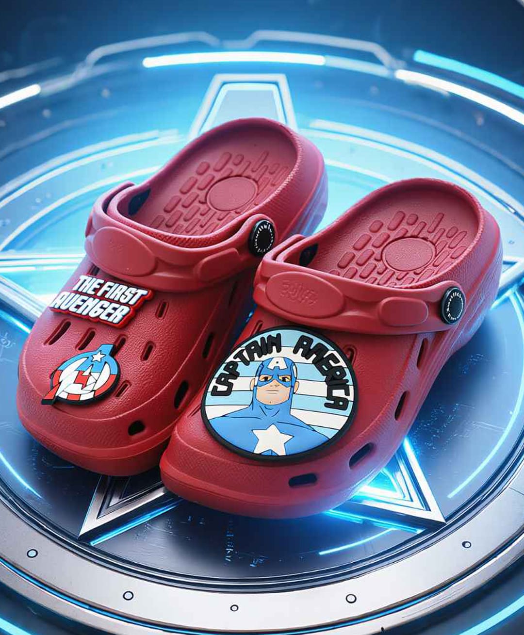 Yellow Bee Marvel Featuring Captain America Applique Detailed Perforated Slingback Clogs - Red-image-38