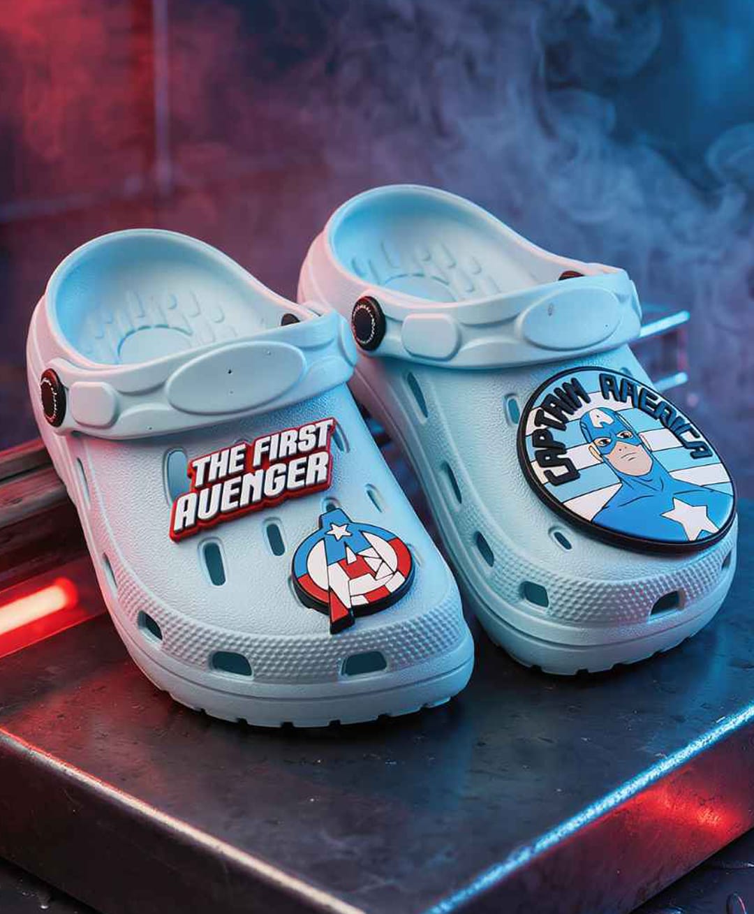 Yellow Bee Marvel Featuring Captain America Applique Detailed Perforated Slingback Clogs - Sky Blue-picture-11