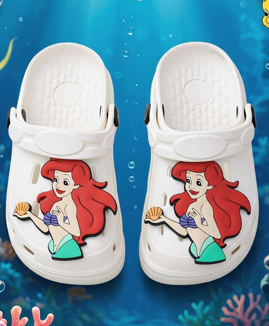 Yellow Bee Disney The Little Mermaid Featuring Ariel Applique Detailed Perforated Slingback Clogs - White-picture-6