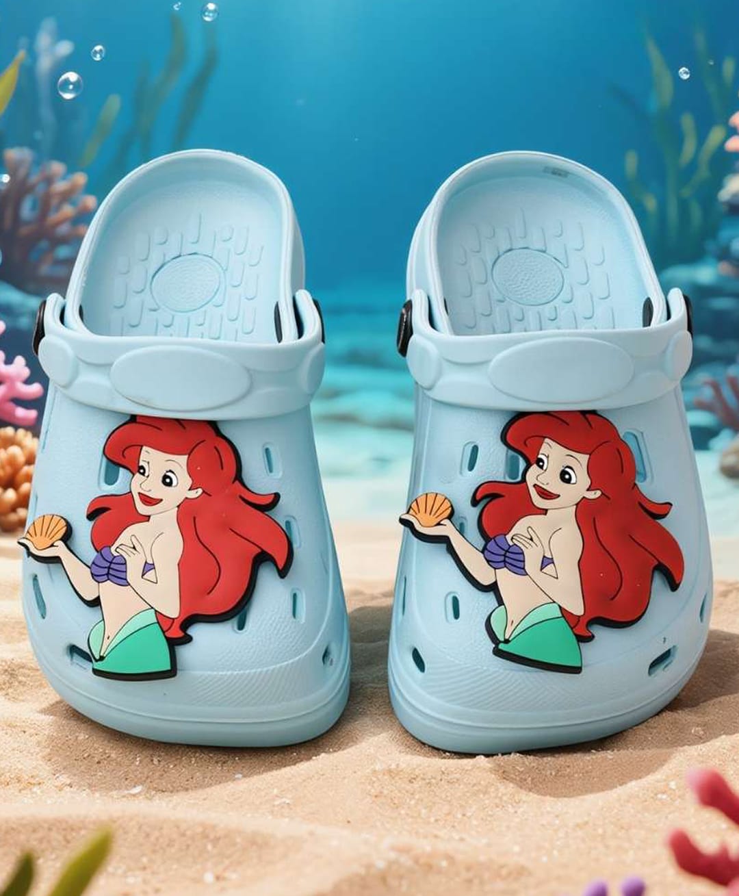Yellow Bee Disney The Little Mermaid Featuring Ariel Applique Detailed Perforated Slingback Clogs - Light Blue-picture-14