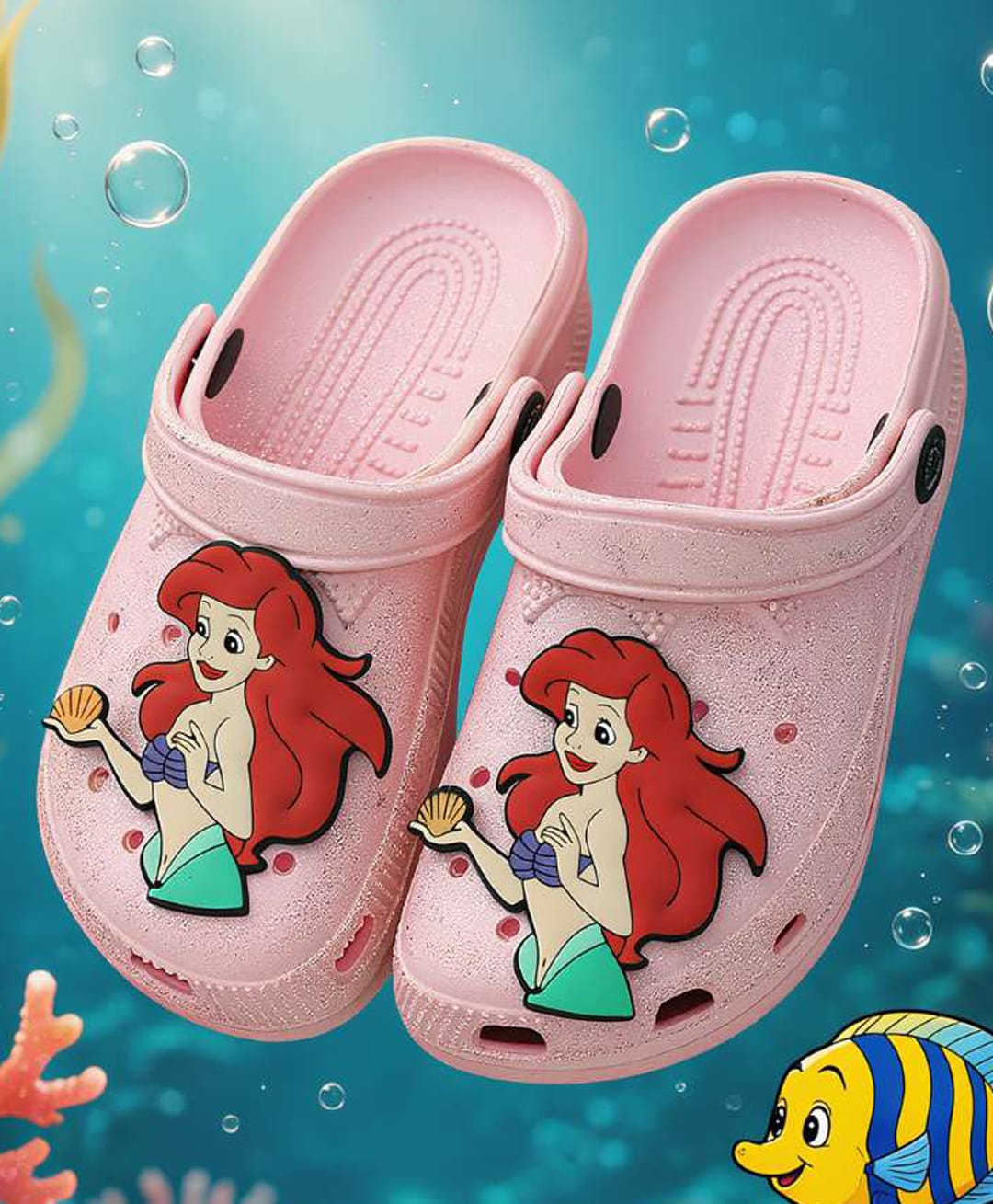 Yellow Bee The Little Mermaid Featuring Ariel Applique Detailed Perforated Sling Back Clogs - Pink-picture-48
