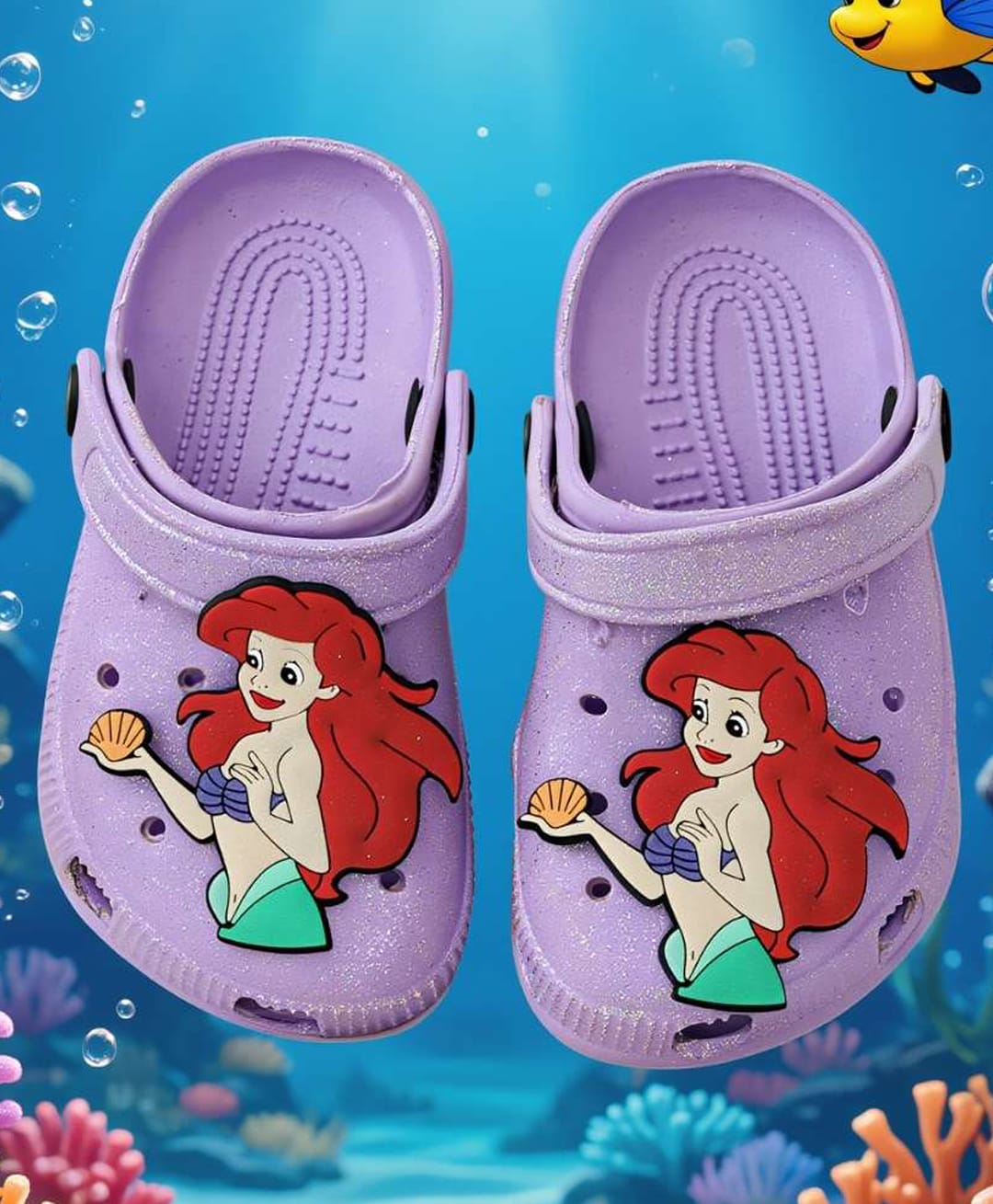 Yellow Bee The Little Mermaid Featuring Ariel Applique Detailed Perforated Sling Back Clogs - Purple-image-45