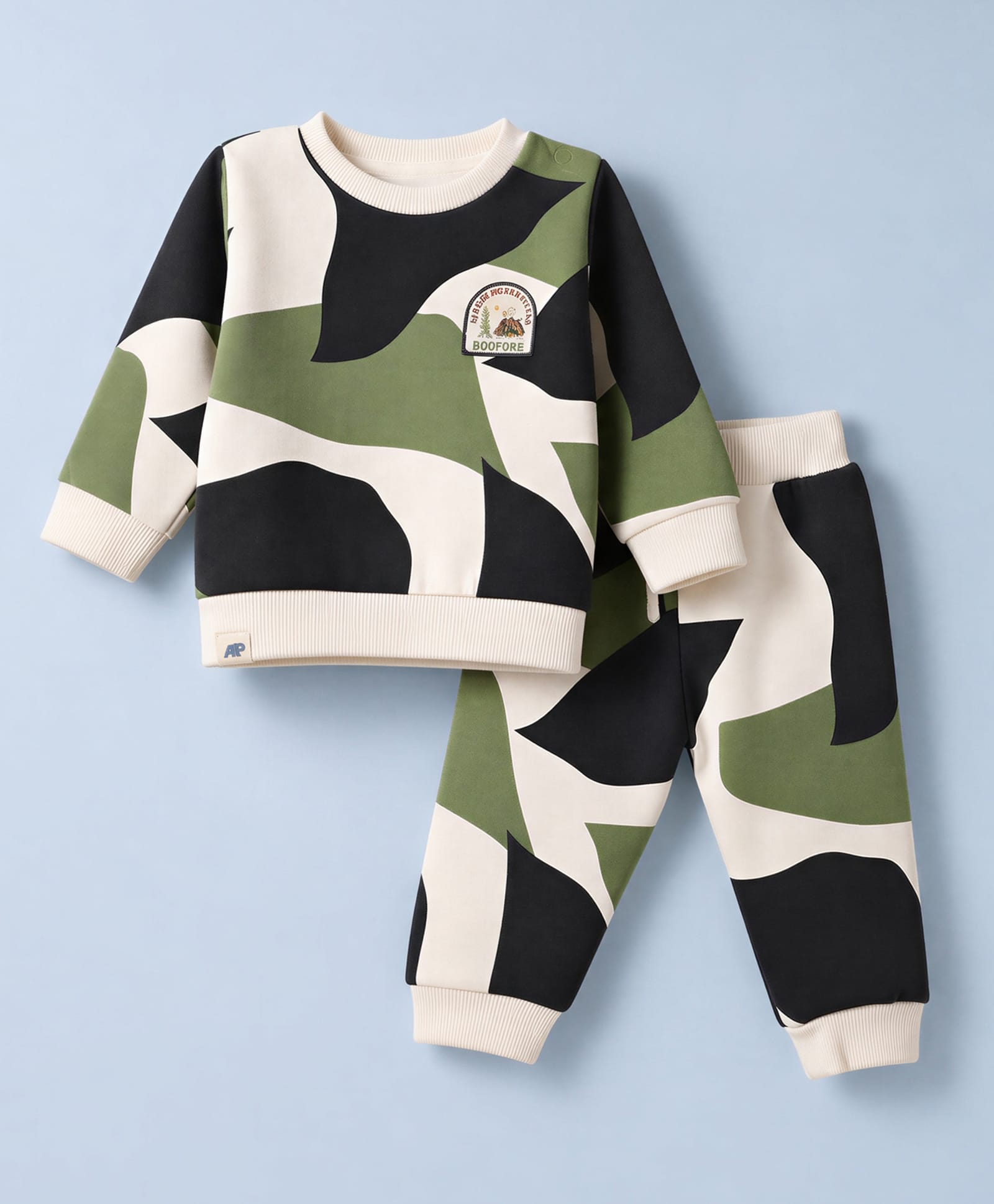 Ollypop Fleece Knit Full Sleeves Abstract Printed Winter Wear Co-Ords Set - White & Black-picture-46