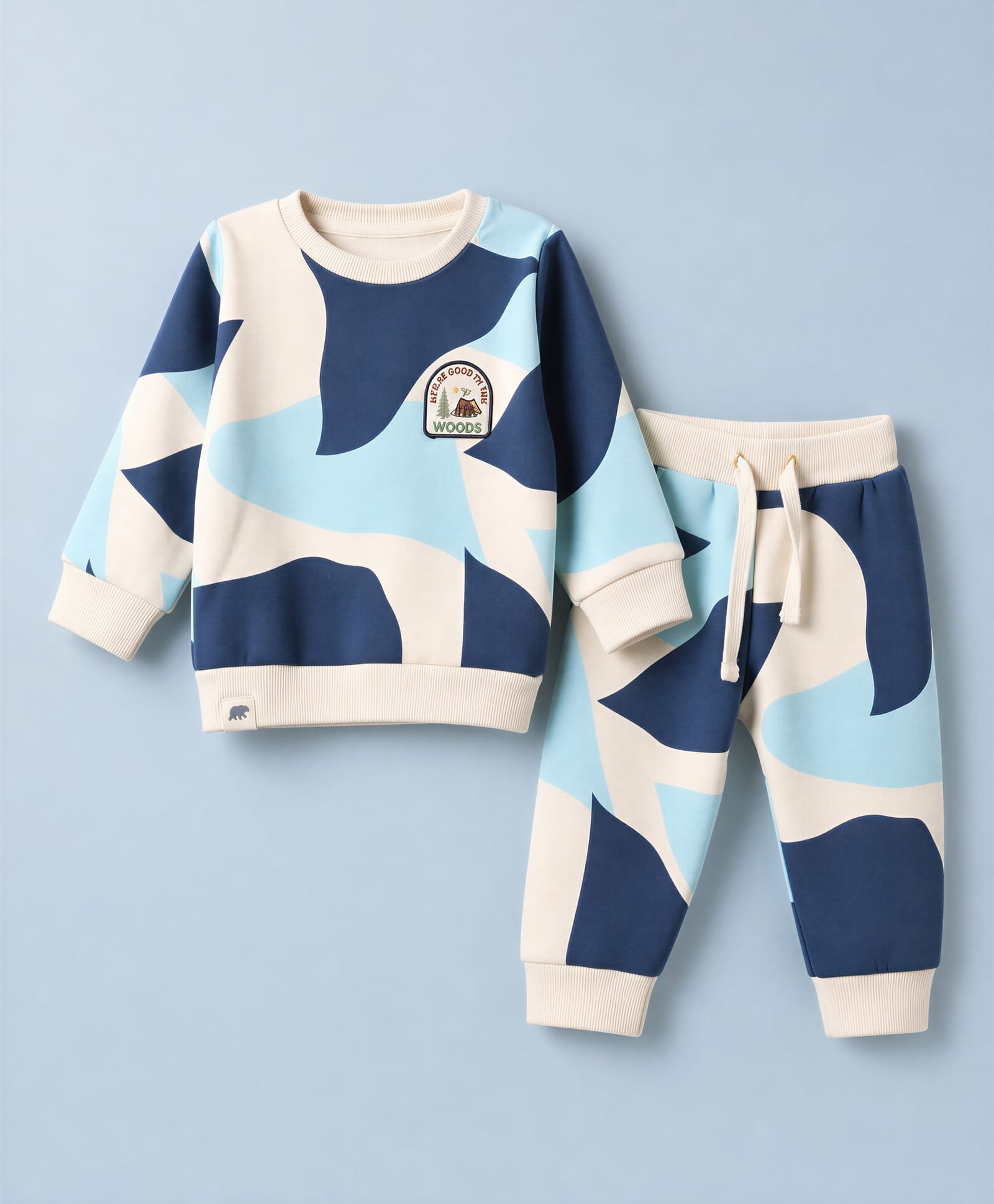 Ollypop Fleece Knit Full Sleeves Abstract Printed Winter Wear Co-Ords Set - White & Blue-image-40
