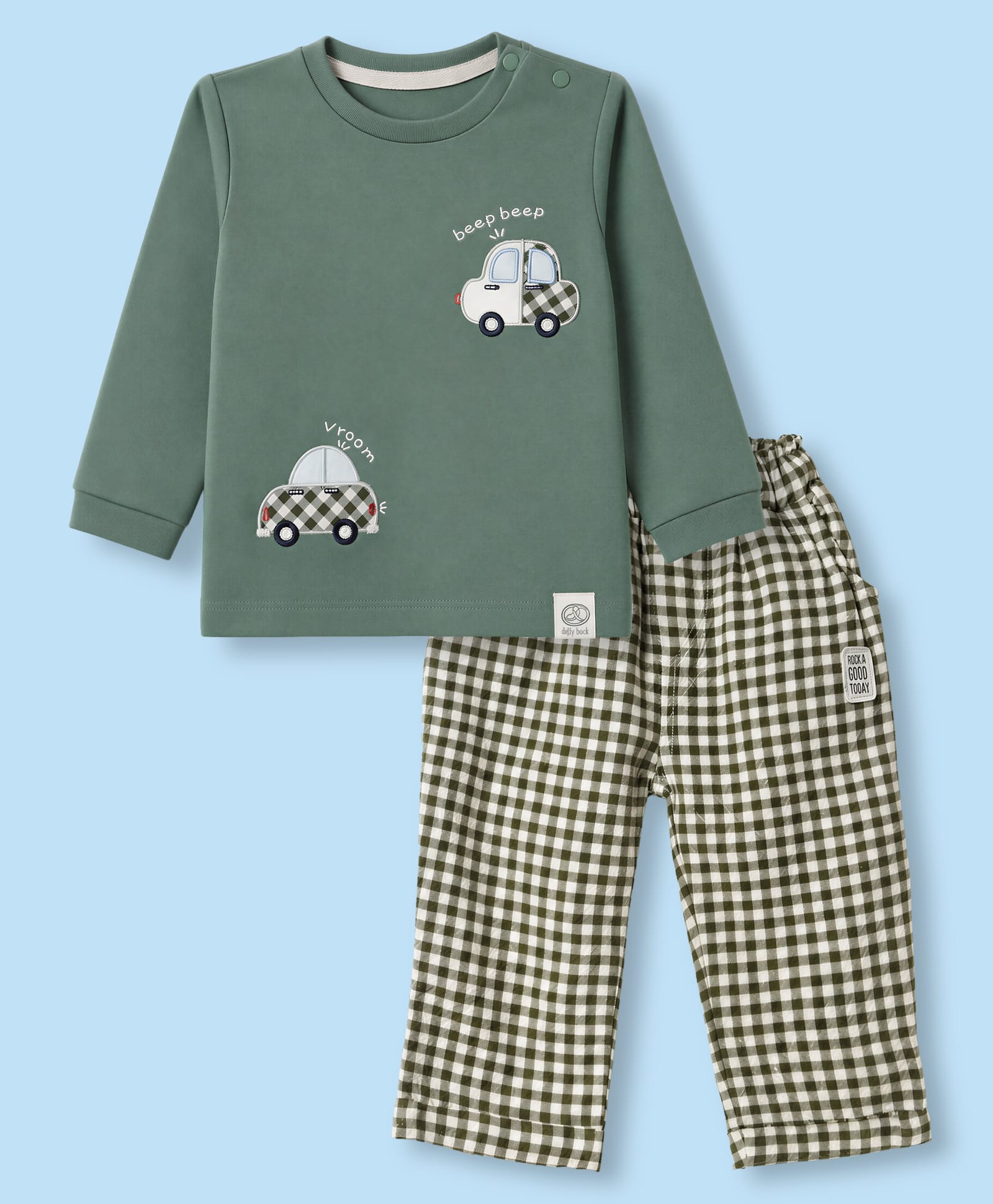 Ollypop Interlock Knit Woven Full Sleeves T-shirt With Side Button & Car Embroidery and Checked Pants - Olive Green-picture-17