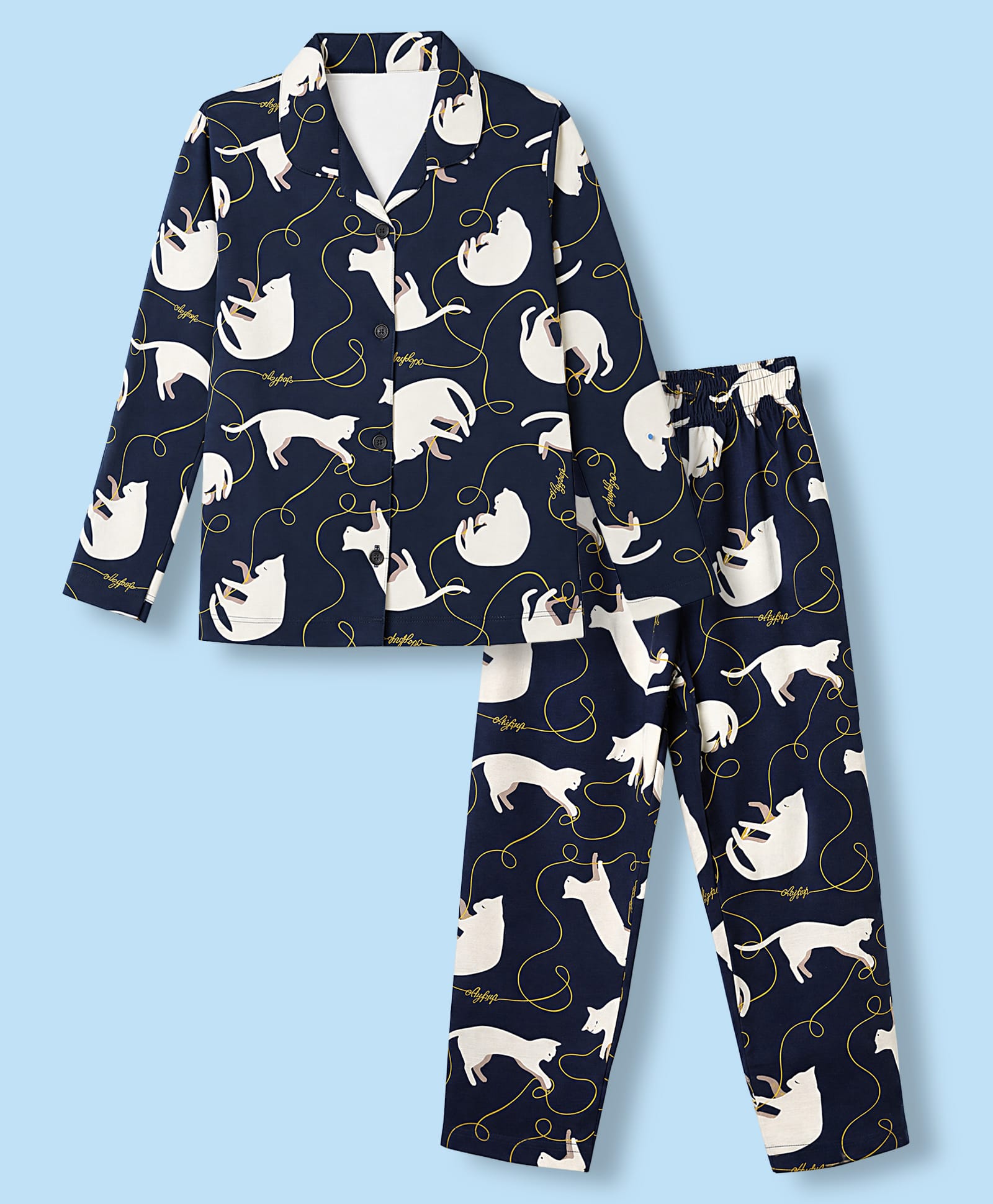 Ollypop Sinker Knit Full Sleeves Co-Ords Shirt & Pyjama Night Suit with Cat Print - Navy Blue-picture-2