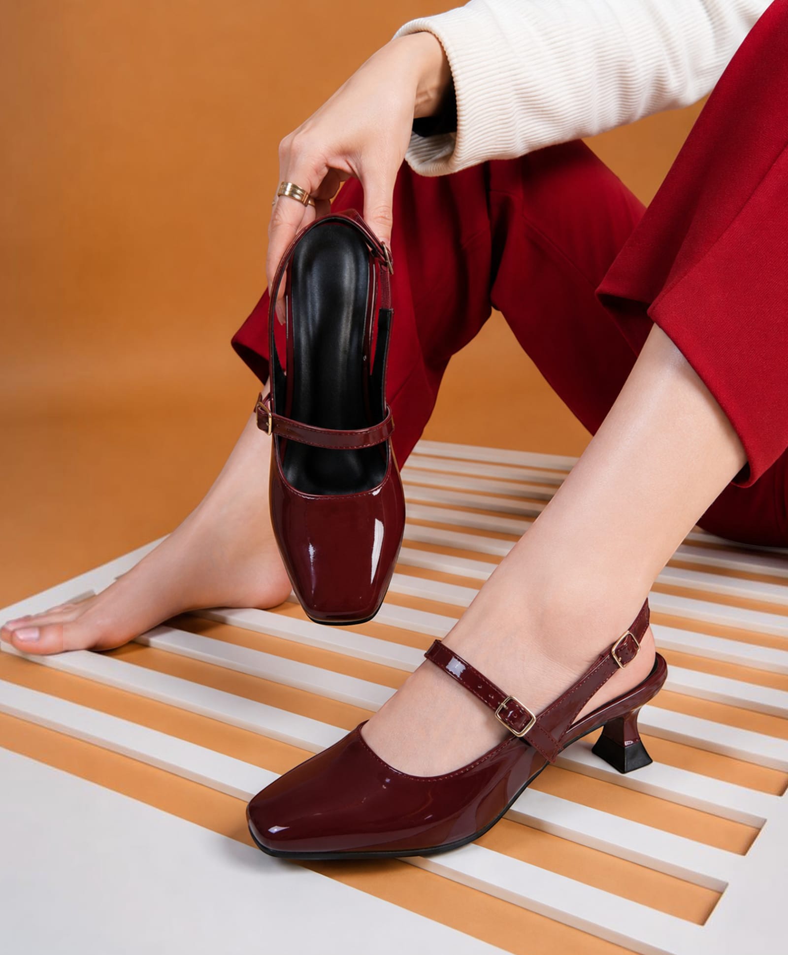 Freeplay Patent Finish Slingback Kitten Heel Pumps - Burgundy-picture-22