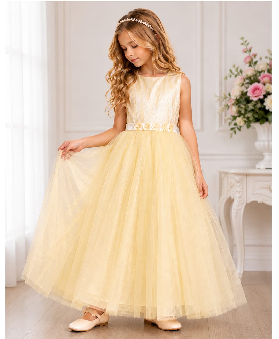 Toy Balloon Kids Satin Mesh Sleeveless Floral Applique Detailed Gown - Lemon Yellow-image-36