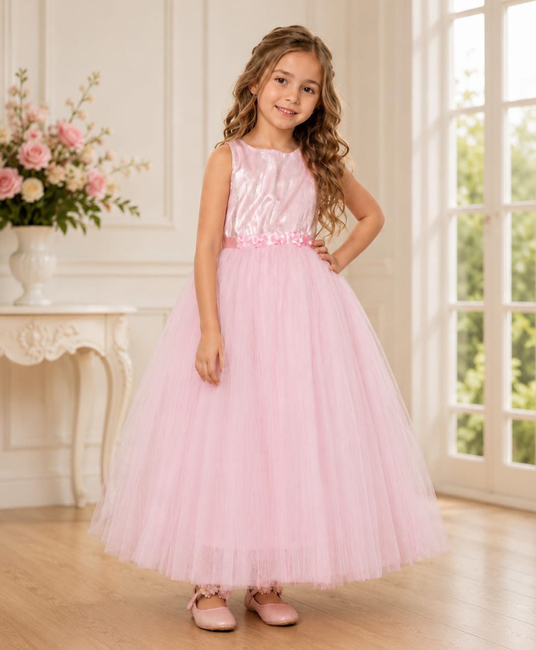 Toy Balloon Kids Satin Mesh Sleeveless Floral Applique Detailed Gown - Baby Pink-image-37