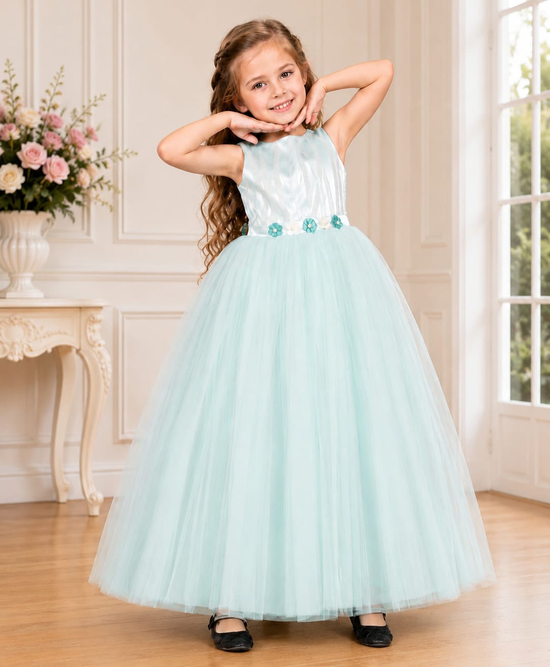 Toy Balloon Kids Satin Mesh Sleeveless Floral Applique Detailed Gown - Sky Blue-image-29