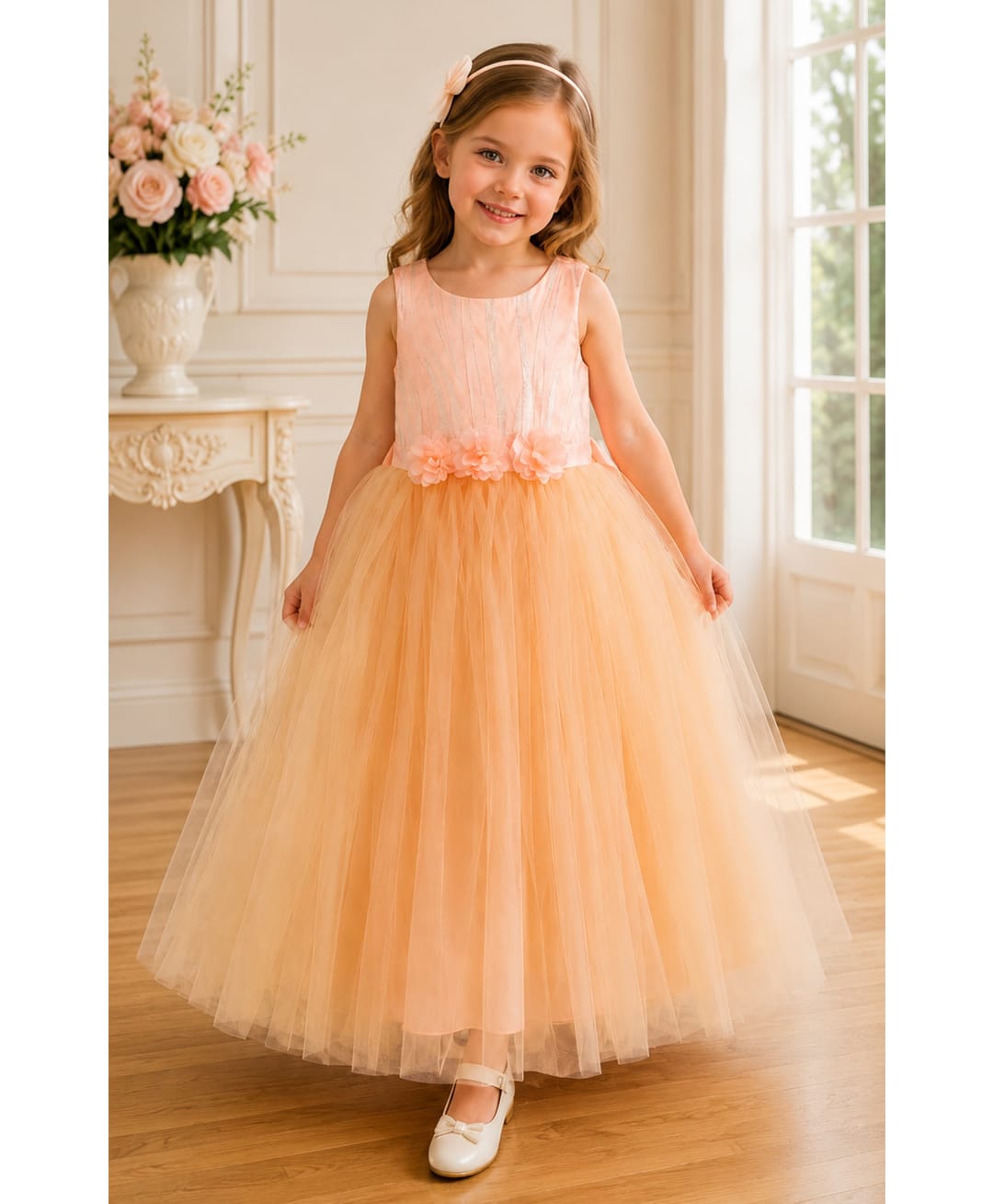Toy Balloon Kids Satin Mesh Sleeveless Floral Applique Detailed Gown - Peach-picture-26