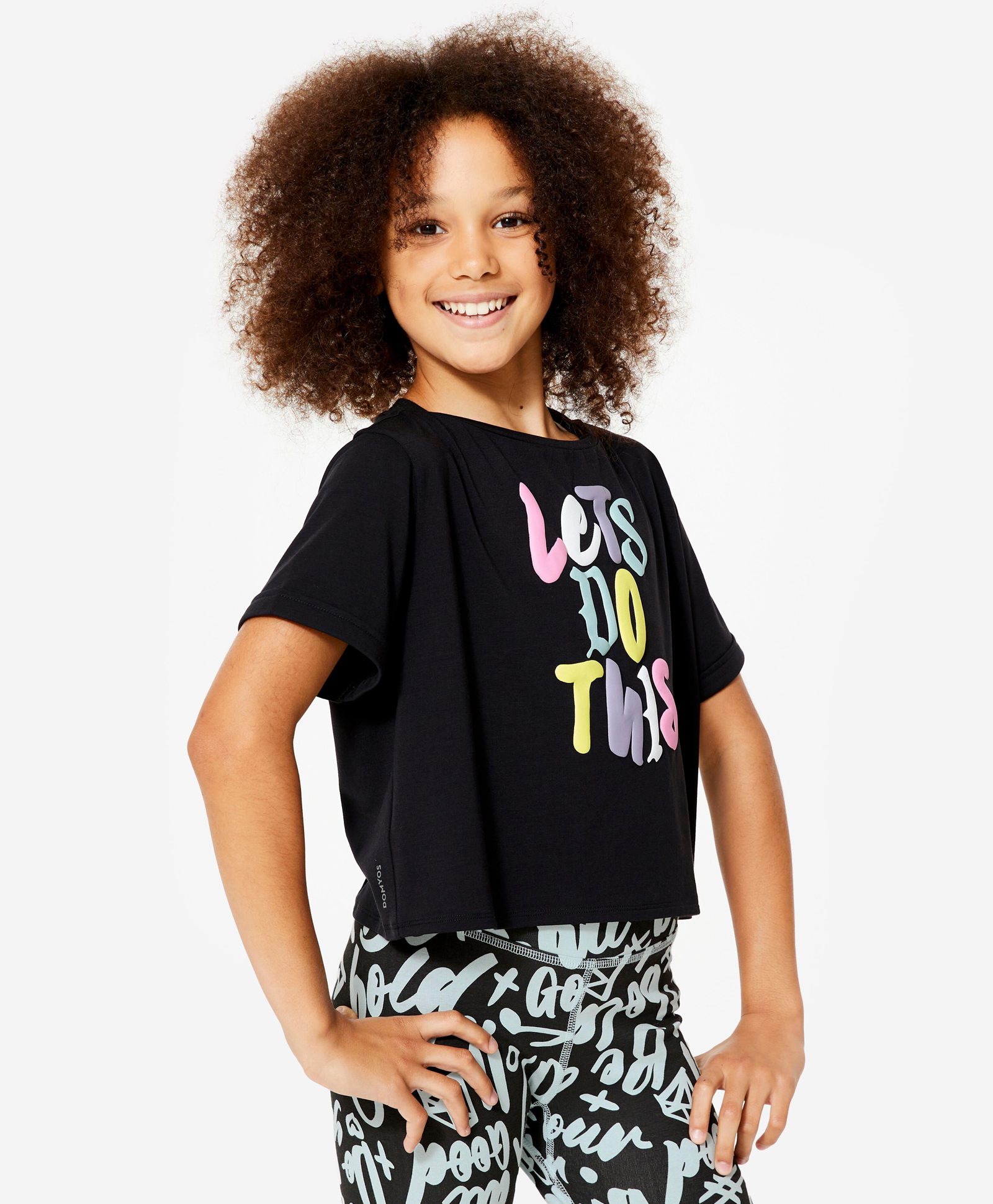 DECATHLON Domyos Knit Half Sleeves Lets Do This Text Puff Printed Modern Dance Cropped Tee - Black-picture-37