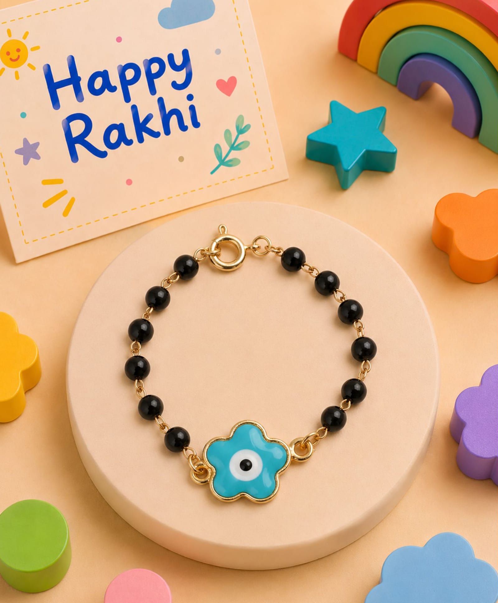 Asthetika Floral Evil Eye Nazariya Bracelet Rakhi with Roli Chawal - Blue-picture-10
