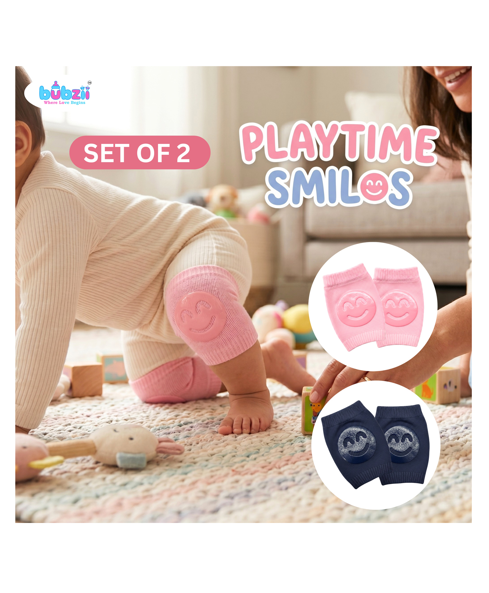 Bubzii Baby Kneepads Soft and Comfortable Knee Protectors for Crawling Babies 0 12 Months Non Slip Round Silicone Dots Design Navy Blue and Baby Pink-image-19